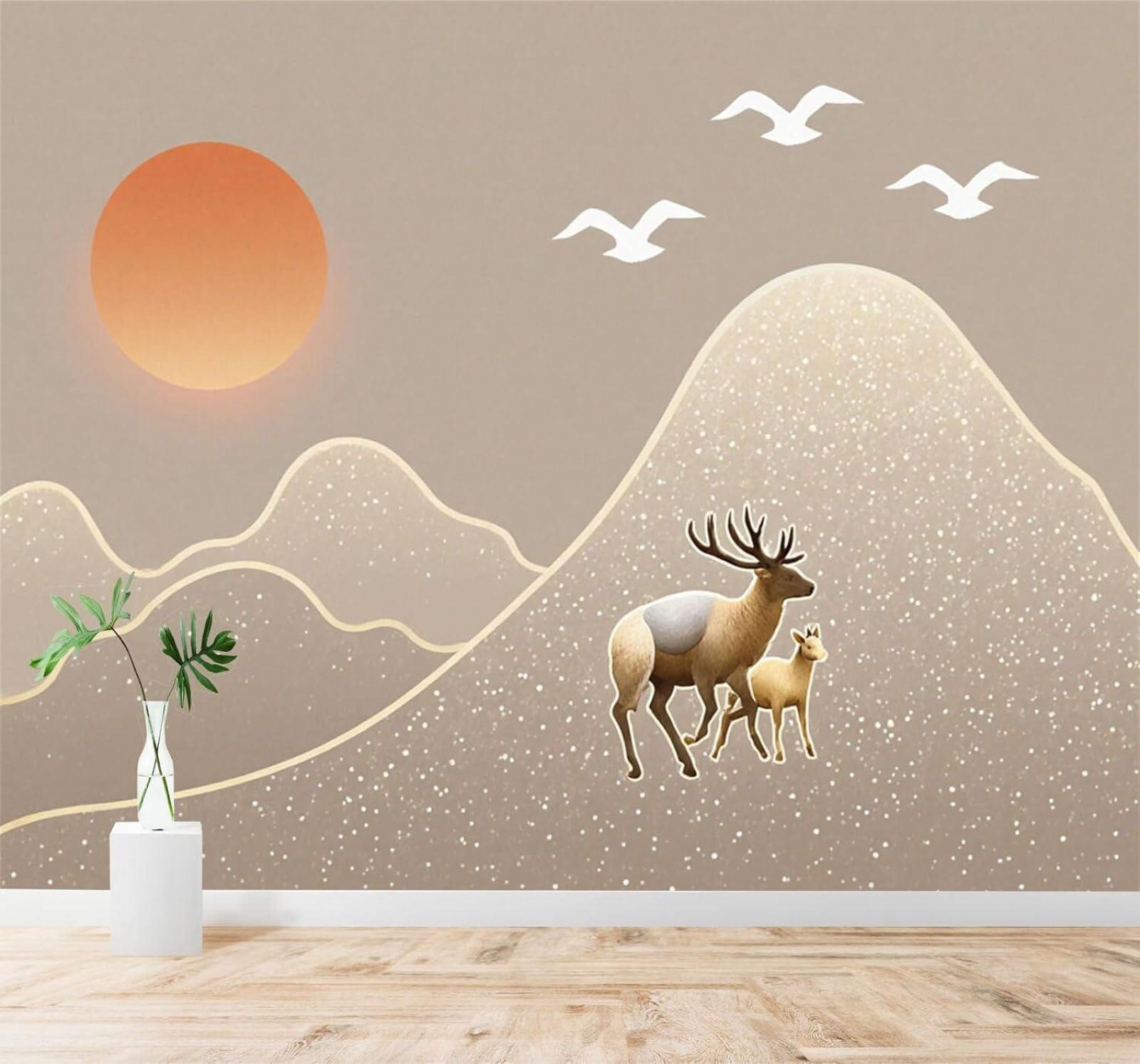 XLMING Minimalist Deer Calf Golden Mountains Sunset 3D Wallpaper Silky Texture Home Study Office Grey Dining Room Sofa Bedroom Living Room TV Backdrop-430cm×300cm