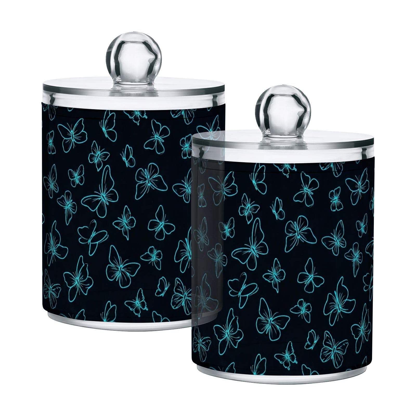 Lyeorm Butterfly Pattern Apothecary Jars with Lid 4 Pack Qtip Holder Dispenser Bathroom Storage Organizer Clear Plastic Canister Jar for Cotton Ball, Cotton Swab