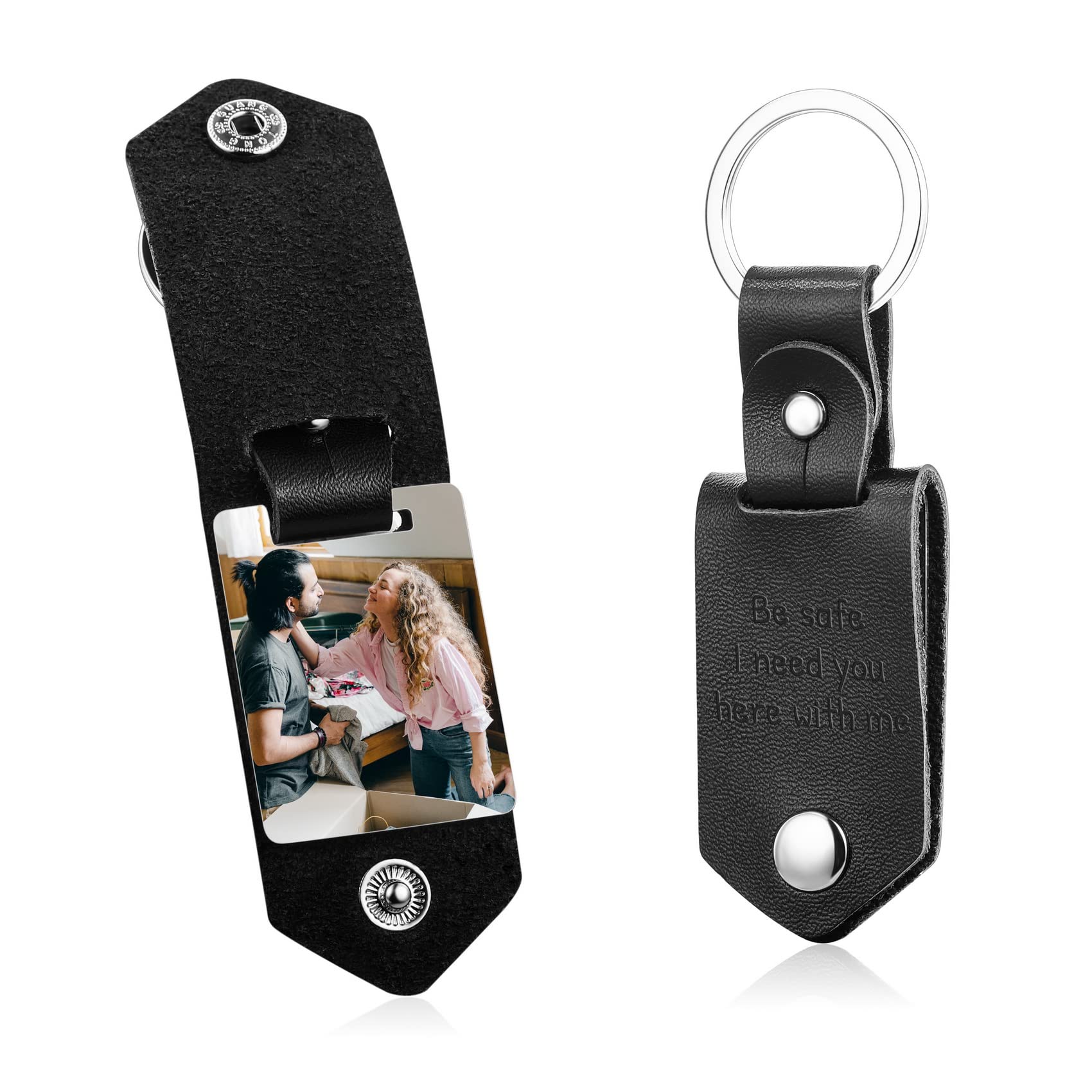 MunkiMix Personalized Leather Keychain with Picture for Men Engraved Photo/Name/Date Driver Safe Custom Keychain Gift for Him Dad Boyfriend Husband (Style A1)