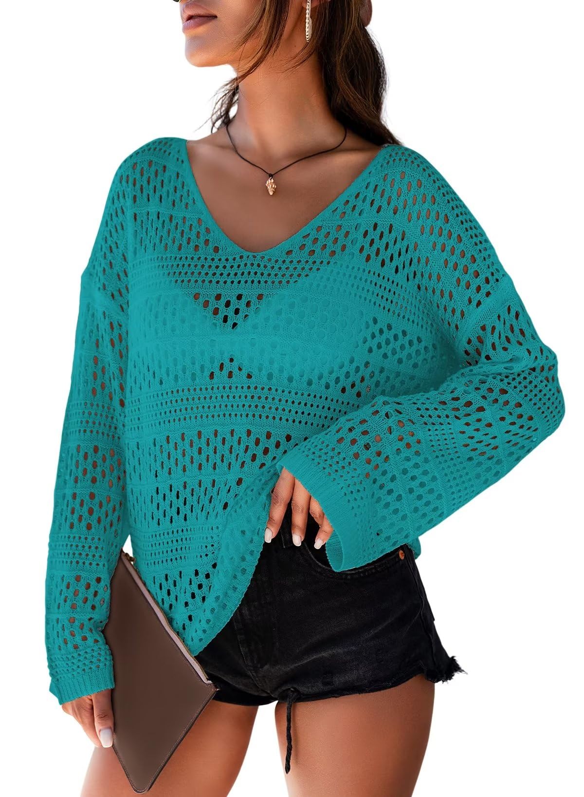 Dokotoo Women's Summer Crochet Hollow Out Blouse Shirts Casual Long Sleeve Beach Bikini Swimsuit Mesh Cover Up Tops