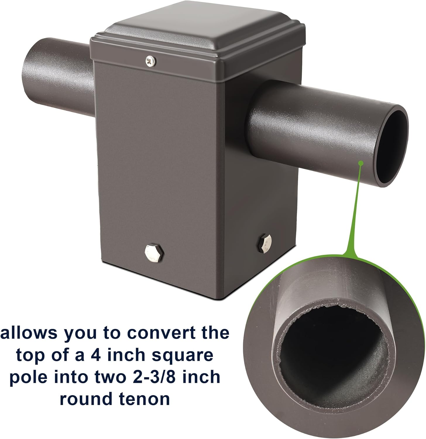 Double 180°Horizontal Tenon Adapter for 4 inch Square Pole with Slip Fitter Mount (2 3/8inch), Great for Outdoor Shoebox Street Light, Parking Lot Light, Bronze