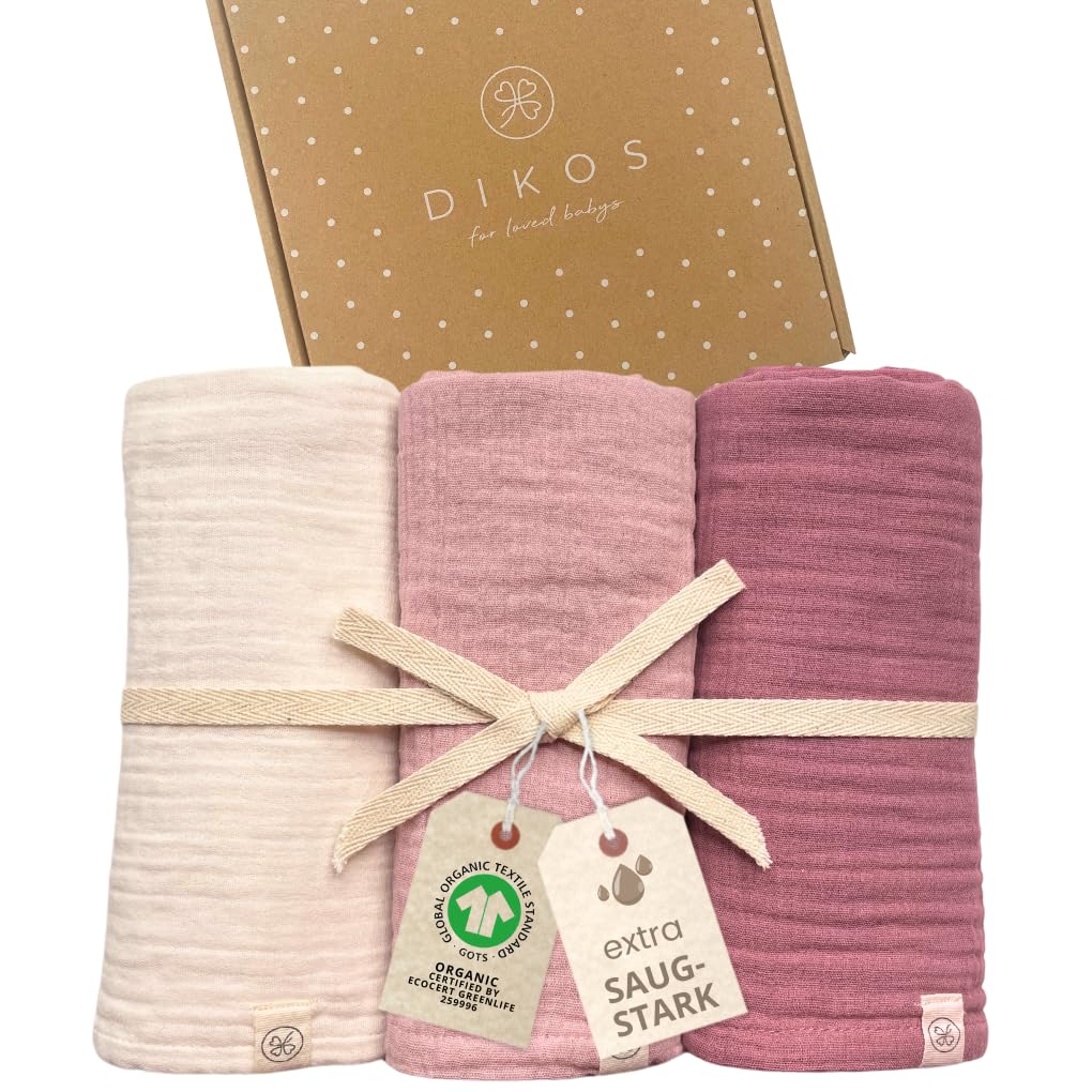 DIKOS® Baby Mulltücher 3er Premium Set – 64x64cm – weiche & saugstarke Spucktücher aus Bio-Baumwolle (GOTS, Oeko-TEX) – Musselintücher in Creme, Altrosa & Beere – Geschenk für Baby Mädchen zur Geburt