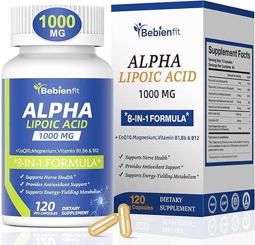 Ácido alfa lipoico 1000 mg (ALA) con benfotiamina B1, B12, CoQ10 y selenio Apoya la salud nerviosa, la energía y el metabolismo 120 cápsulas (120