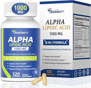 Alpha Lipoic Acid 1000mg Neuropathy Supplements Capsules, 8-IN-1 ALA for Nerve Health in Hands & Feet, Nervous System and Antioxidant with Magnesium Glycinate, CoQ10 & B1, B6, B12 – Vegan 120 Caps