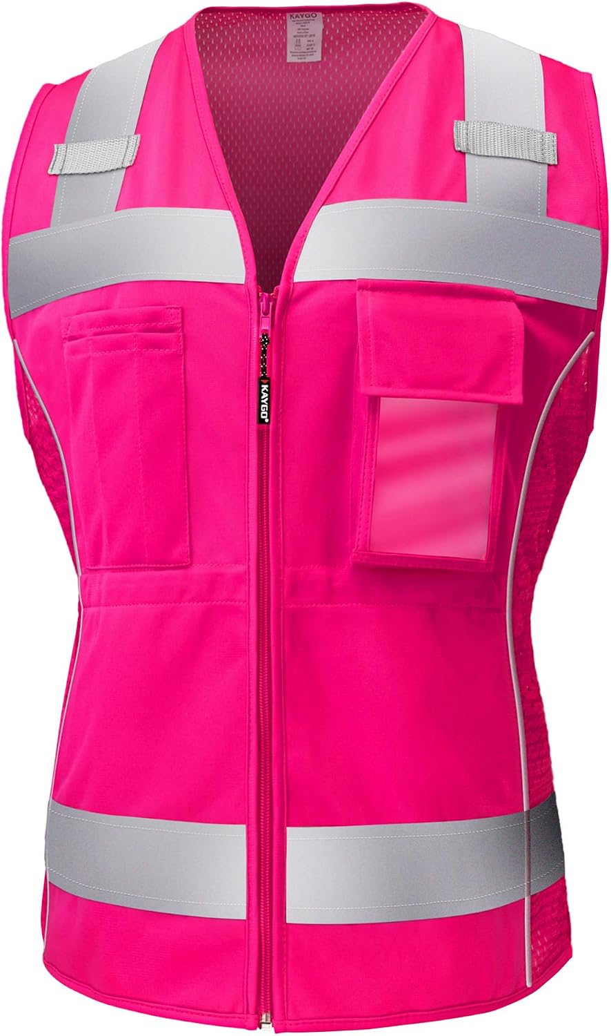 KAYGO High Vis Waist-adjustable Women's Vest KG0118 | Breathable Mesh Back, 2-Inch Reflective Strips, Multi-Pockets for Pens/Phone, for Construction, Logistics, Night Cycling