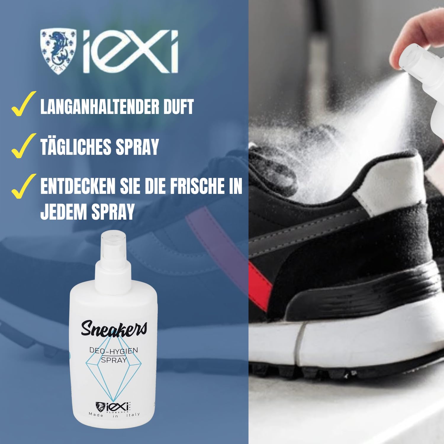 IEXI Deo HYGIEN - Schuhdeo Schuh Desinfektionsspray 200ml - Schuhspray gegen Geruch & Bakterien | Geruchsentferner für Schuhe - Parfüm für Schuhe aller Art - Schuhspray gegen Fußgeruch