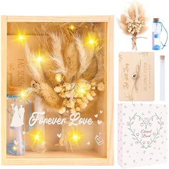 Wedding Gifts for Bride and Groom Money Gift Wedding Wooden Wedding Gifts Money Gift Box Including Wooden Box Dried Flowers Fairy Lights Money Clip Drift Bottle for Engagement Wedding