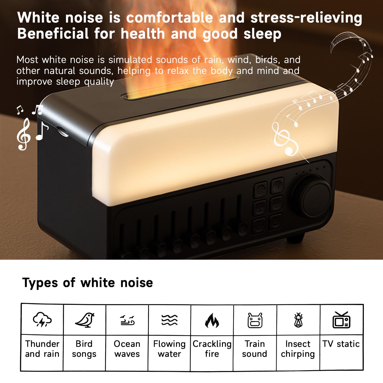 QUMOX A14 Umidificatore con Rumore Bianco, Effetto Fiamma, Speaker Bluetooth e Serbatoio 150ml – Nebulizzazione Ultrasonica, Luce RGB Respirante, Timer 5 Ore, per Camera da Letto e Ufficio Nero