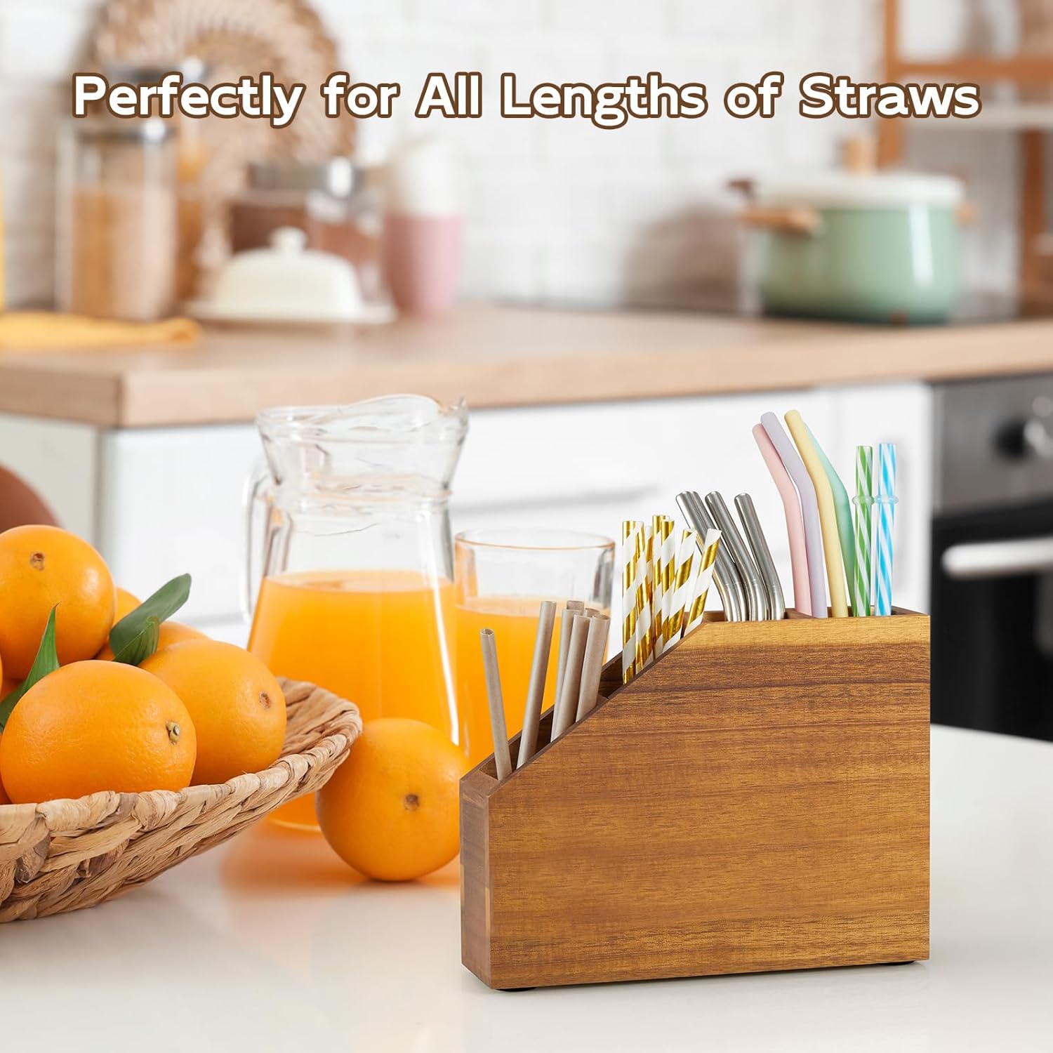 Straw Holder, Acacia Wood Straws Organizer, Cupboard Reusable Straws Dispenser for Kitchen Counter - Image 7