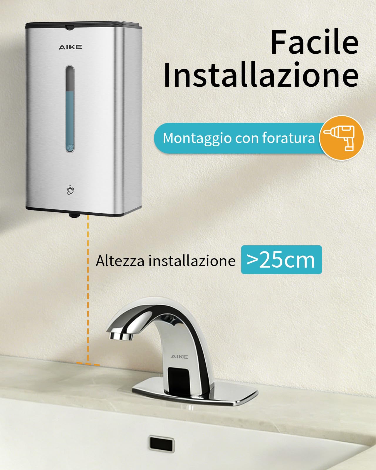AIKE Dispenser Sapone Schiuma Automatico, A Parete Per Uso Commerciale, 1000ML Acciaio Inossidabile Per Sapone Mani Schiumogeno, AK1207FA