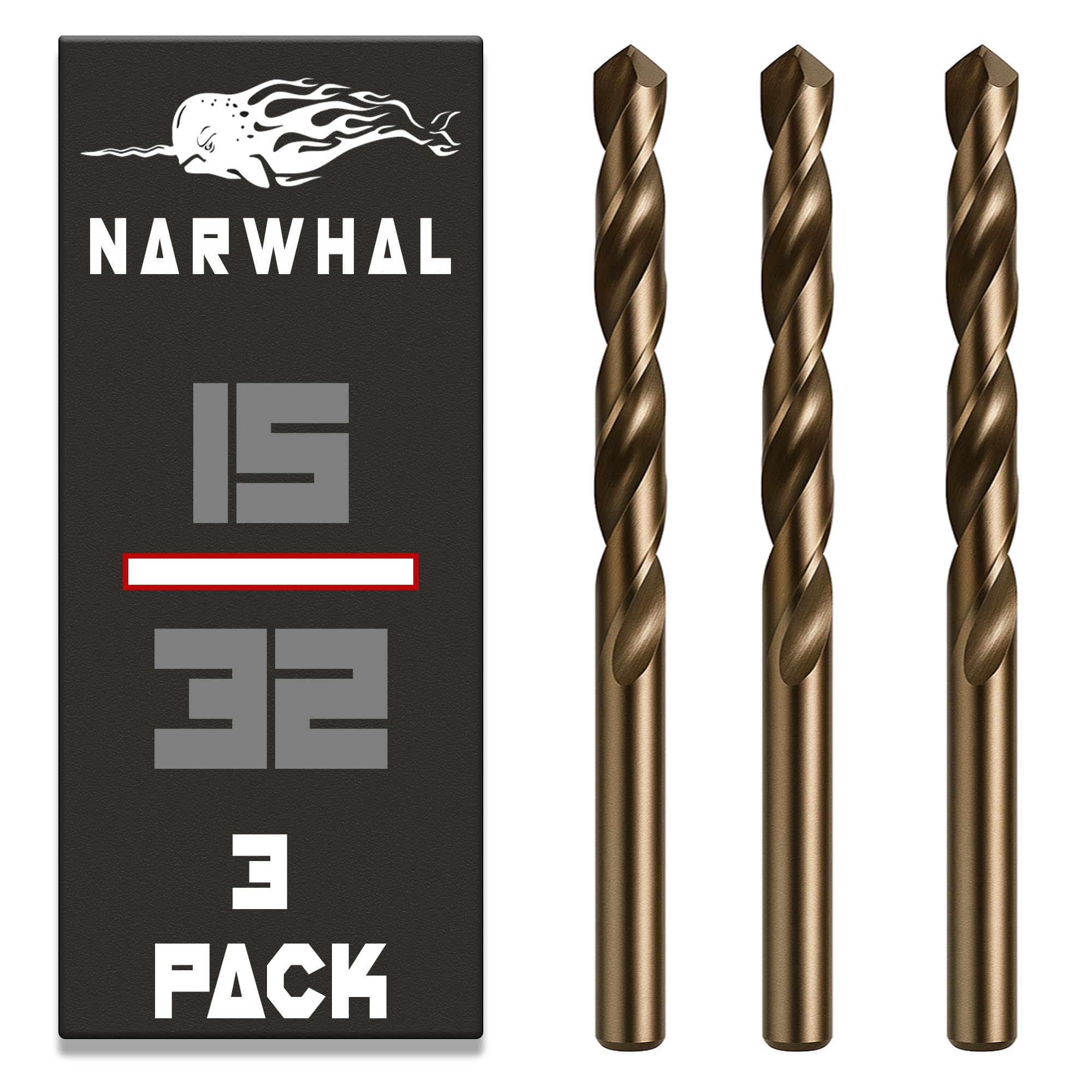 Narwhal 15/32 Inch Cobalt Drill Bits (3 Pack - Industrial Grade M35 Cobalt) 6" Length & 135 Degree Split Point for Drilling Into Metal, Hardened &