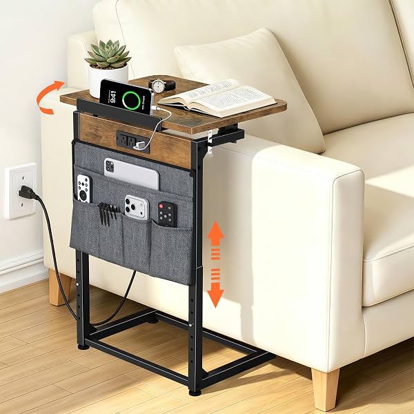 Mesa auxiliar con forma de C con estación de carga, mesa lateral de altura ajustable con superficie inclinable, mesa de noche tipo bandeja para TV con bolsa de almacenamiento, mesa para sofá angosta con puertos USB y tomacorrientes para sala y recámara