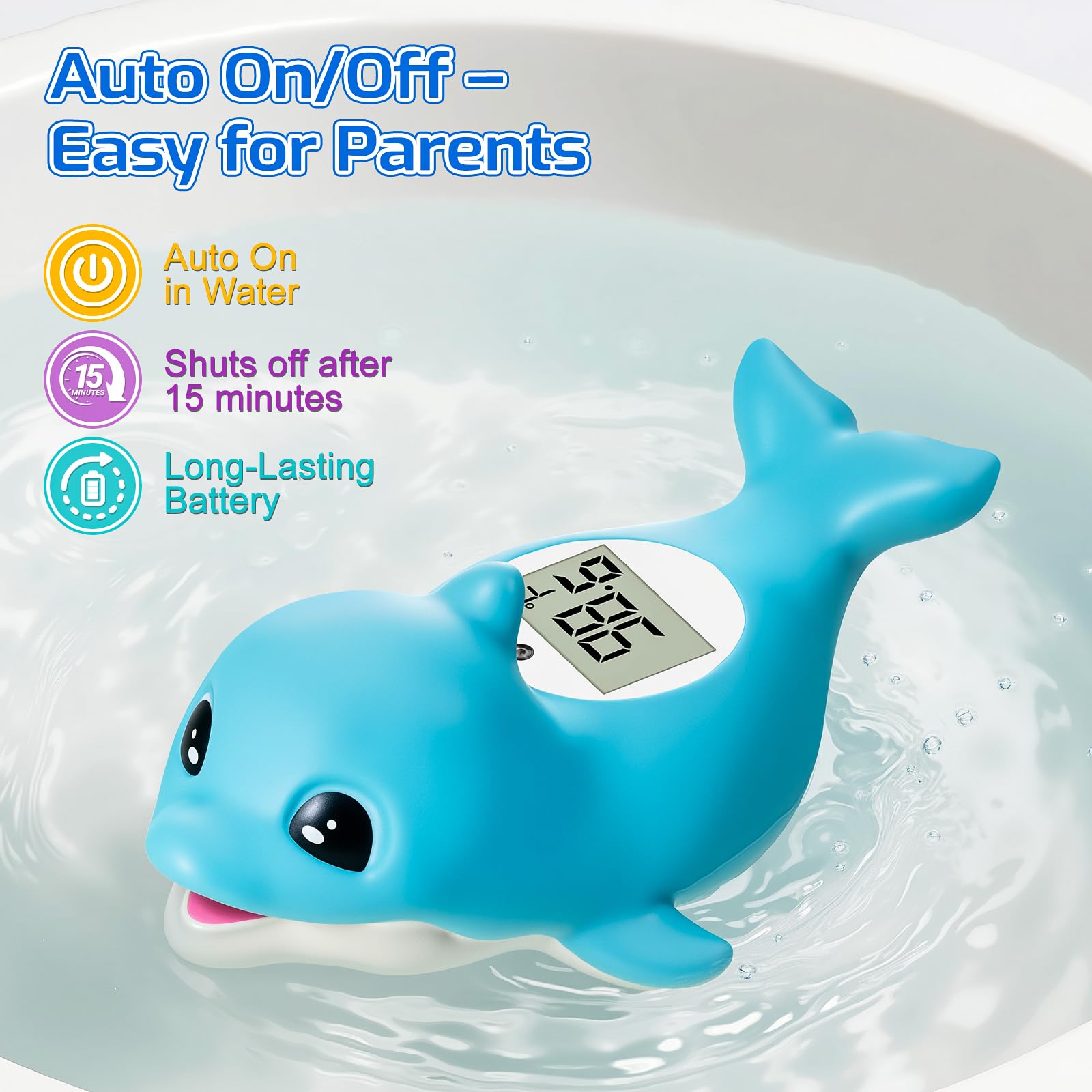 Termometro da bagno per neonato, termometro digitale per la temperatura dell'acqua, giocattolo da bagno galleggiante con delfino, display °C/F, impermeabile e senza BPA