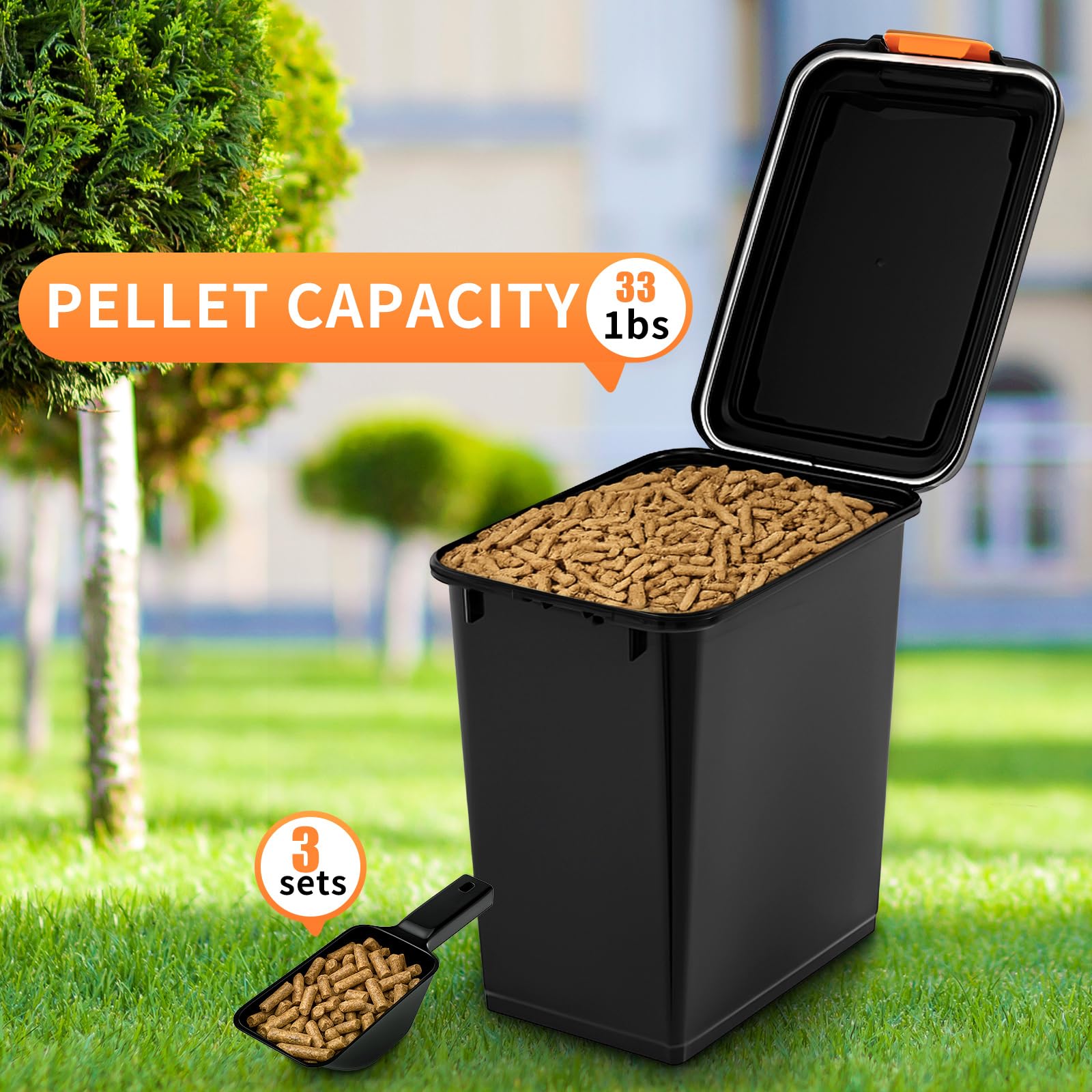 Maxdot Set di 3 contenitori secchi per pellet da 15 kg, con palette ed etichette, accessori per griglia, contenitori per pellet di legno, con adesivi aromatici, ermetici per pellet per grill