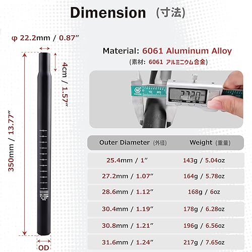 Miniatura 2 de Azarxis Tija de sillín de aleación de aluminio para bicicleta, tubo de asiento de 1.000in, 1.071in, 1.126in, 1.197in, 1.213in, 1.244in x 13.780in,