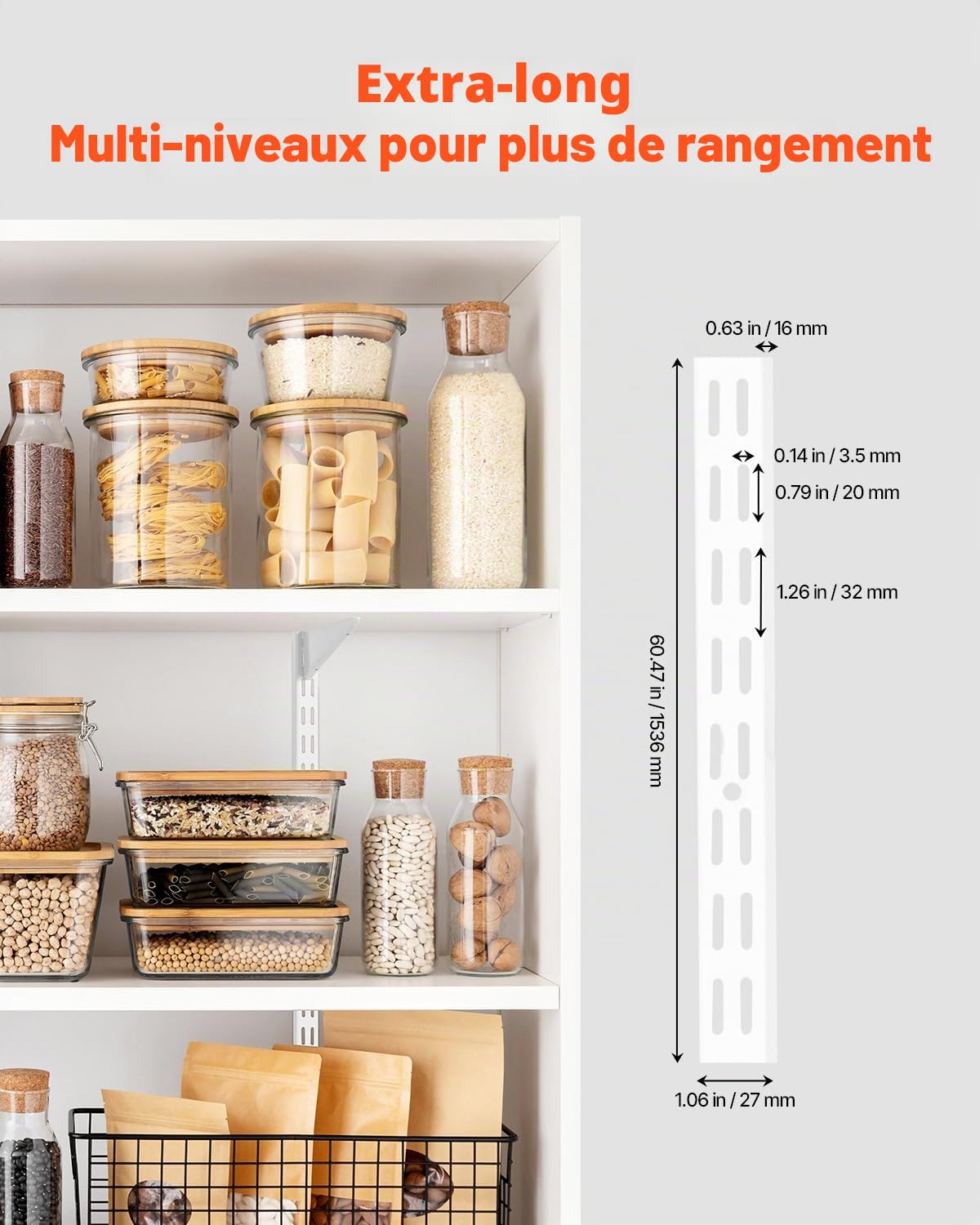 VEVOR Crémaillère d'Étagère, 1536 mm, Rail d'Étagères Vertical Mural à Perforation Double, Lot de 5, Rails Réglables Robustes Acier, Facile à Installer, pour Étagères de Rangement, Armoires, Placards