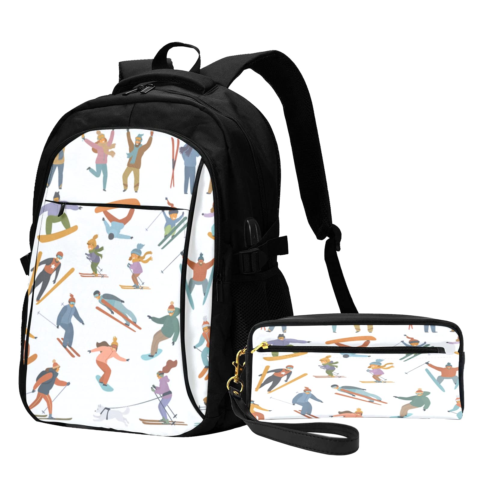 Bagpack With Pencil Case Skiers And Snowboarders Cartoon Travel Back Pack With Usb Charging Port Sch