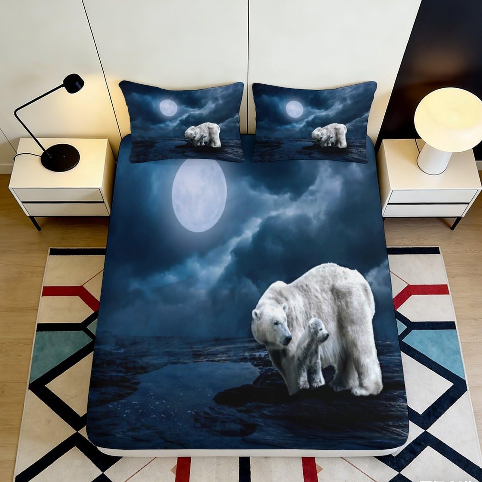 3D Printed Polar Bear Moonlight Fitted Sheet Microfiber Soft Breathable Night Sky Bed Cover for Bedroom Dormitory Guest Room Mattress Protection 160x200x25cm