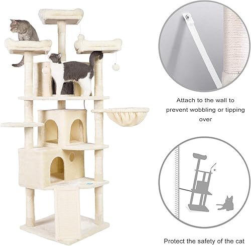 Miniatura 6 de Hey-brother Árbol para gatos tamaño XL, torre para gatos de 73.4 pulgadas con 3 cuevas, 3 perchas acogedoras, postes para rascar, tablero, centro de
