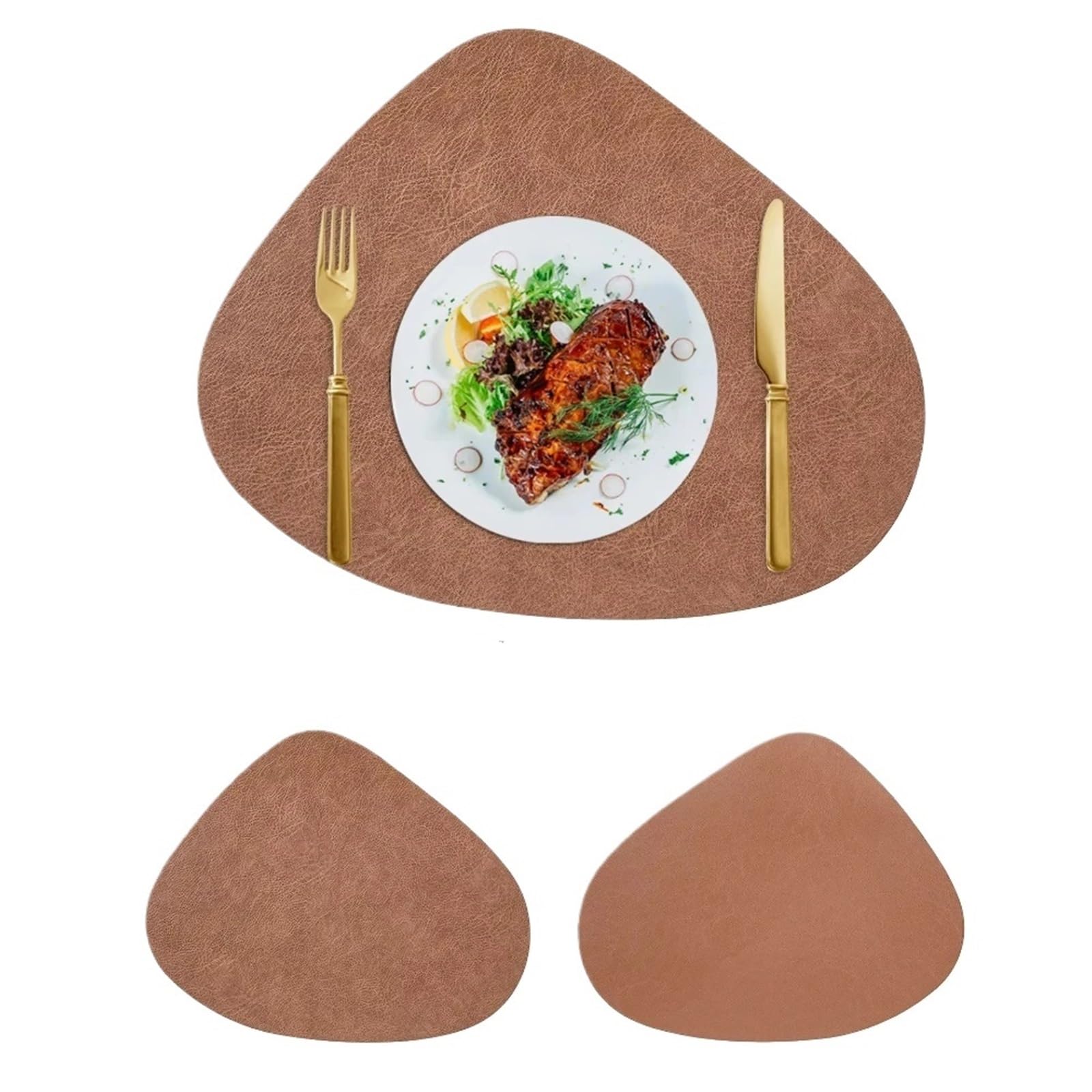 Placemats Leather Placemat,Teardrop Shape Cowhide Texture Double-Sided Non-Slip Nordic Style Place Mat Waterproof Resistant(Dark Brown)