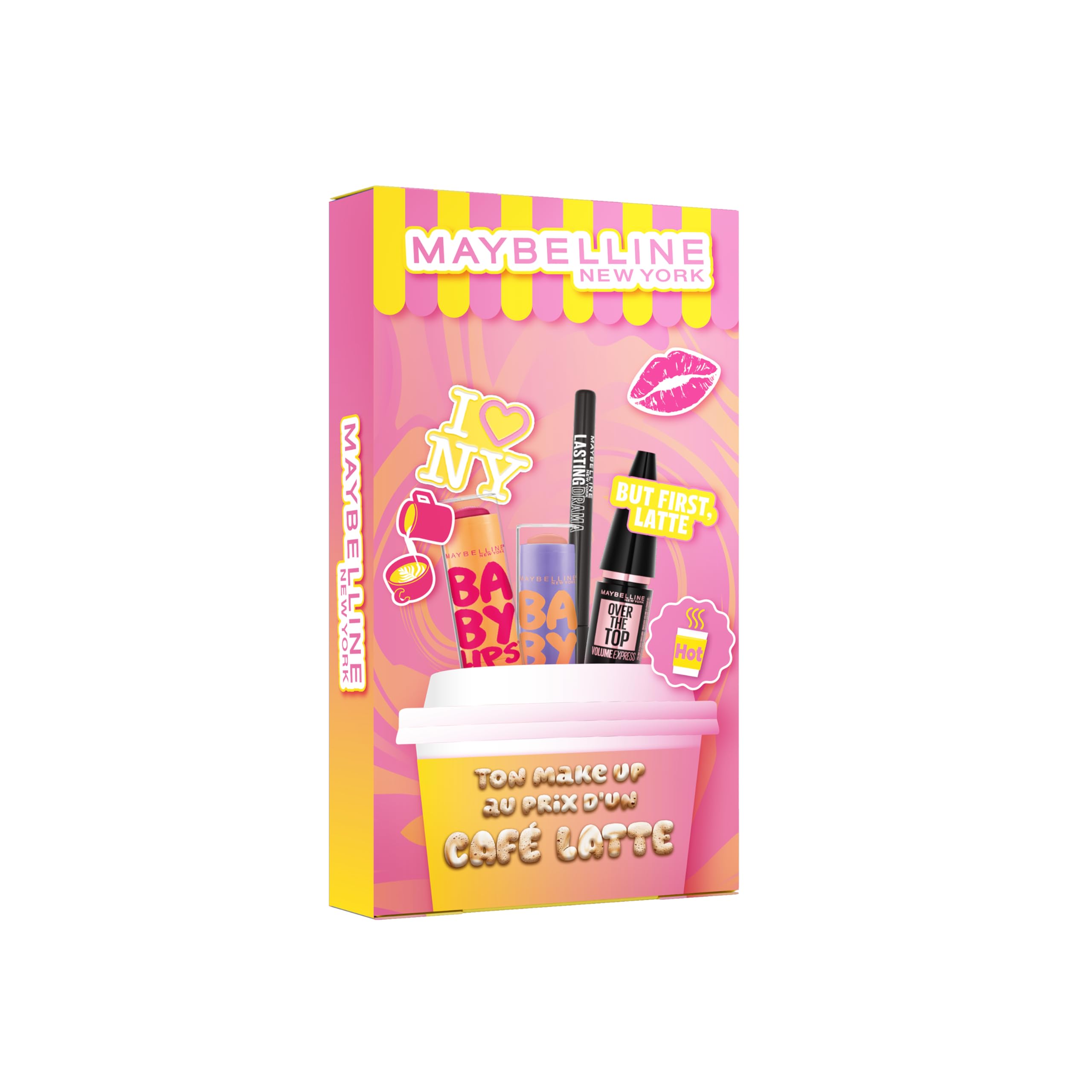 MAYBELLINE NEW YORK - Coffret Maquillage Yeux & Lèvres - Mascara Volum' Express Over The Top + Eyeliner Noir Lasting Drama + Baume à Lèvres Baby Lips x 2