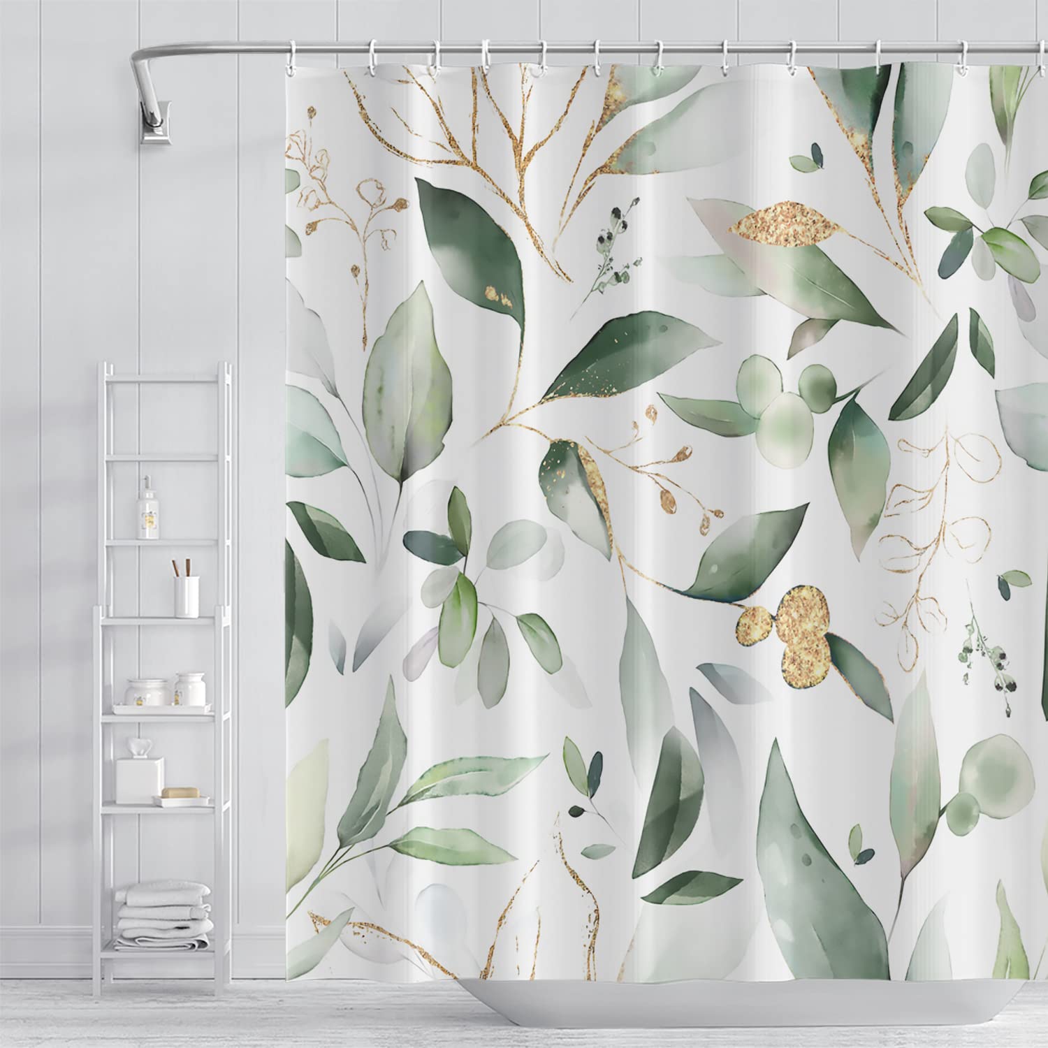 Cortinas de Ducha abstractas de Hojas de eucalipto, Verde Salvia, Hojas Doradas, Naturaleza para baño, Estilo Granja, decoración del hogar, Cortina de Ducha de Tela de poliéster Impermeable con