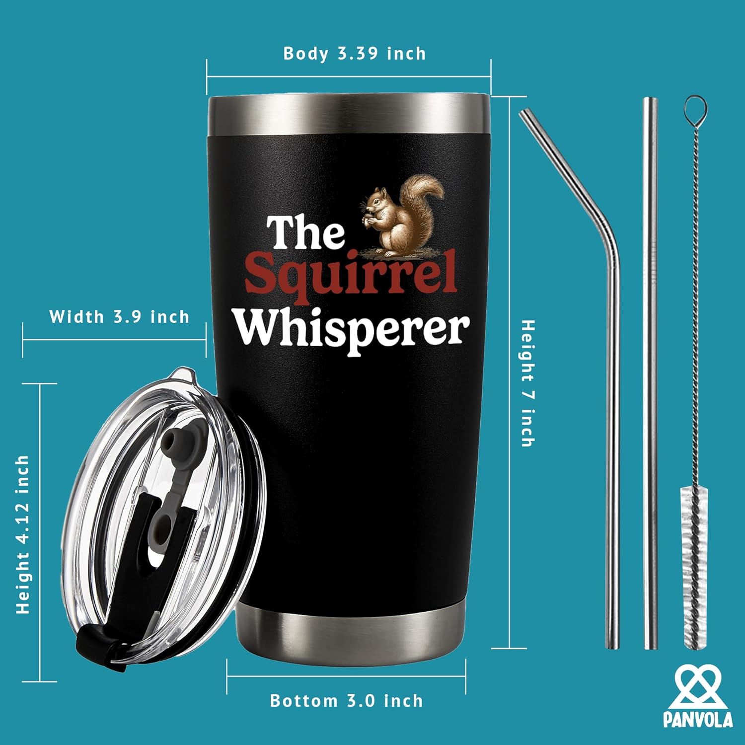 The Squirrel Whisperer Squirrel Lover Gifts For Women Fall Gifts For Wife Girlfriend Sister From Husband Boyfriend Dad Vacuum Insulated Stainless Steel Tumbler with Removable Lid and Straw 20 oz Black