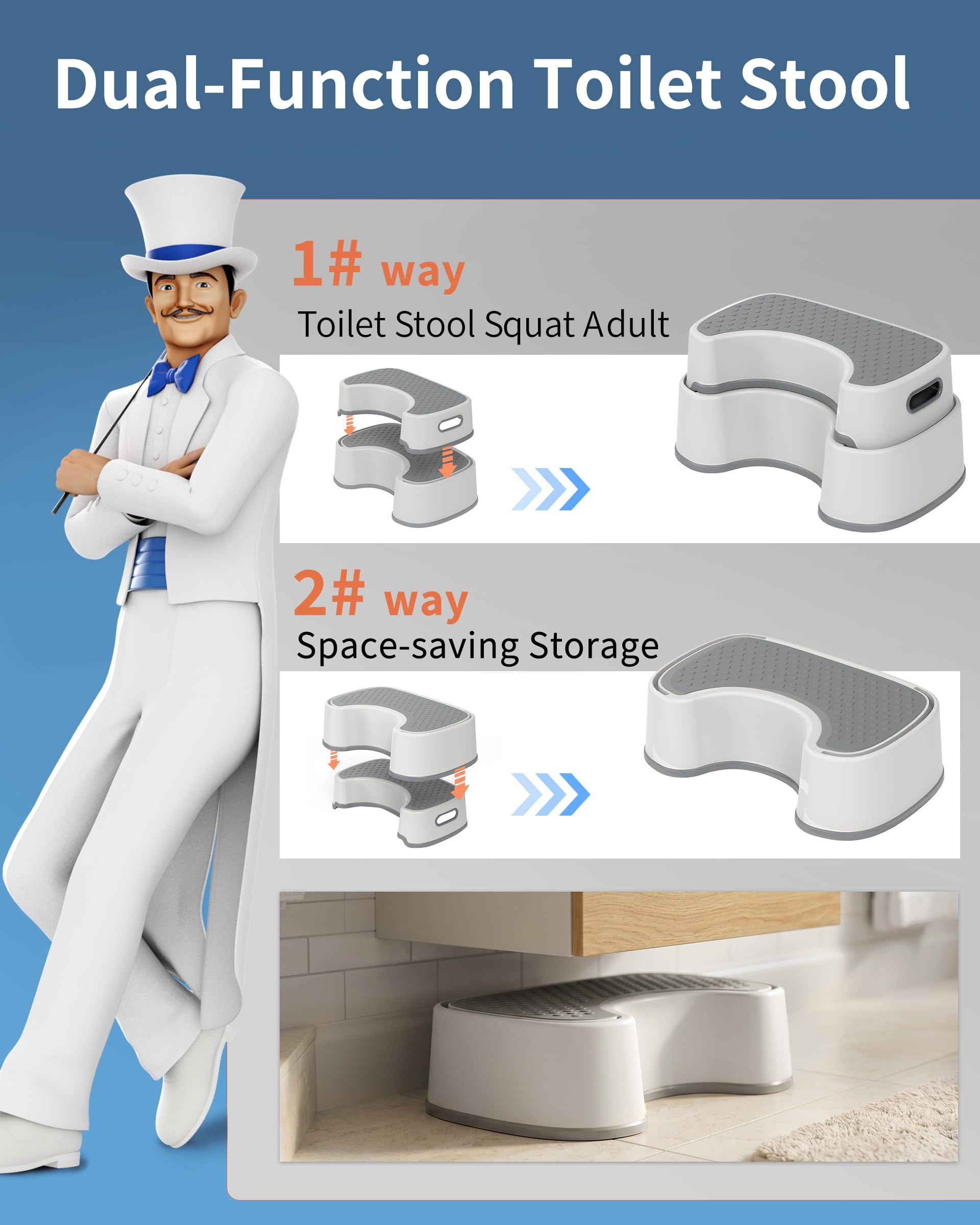 MR.SIGA Tabouret Toilette Empilable, Repose Pied WC pour Adultes, Gris | Marche Pied Antidérapant SDB pour Meilleure Posture