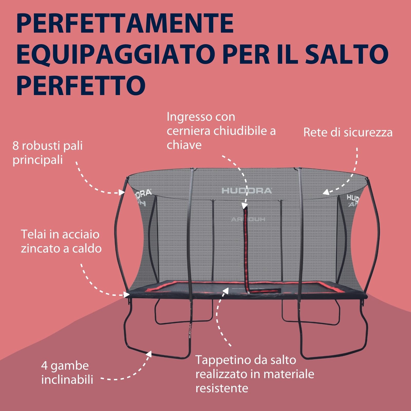 HUDORA Trampolino elastico 4square - trampolino da esterno rettangolare 244x366cm - sportivo per carico fino a 120 kg - tappeto elastico familiare per salti con slanci - di qualità