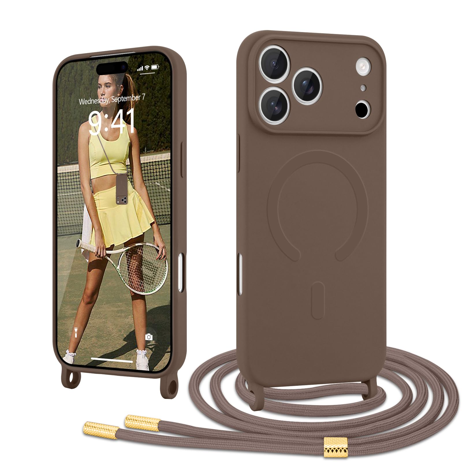 Mkej Coque Magnétique Avec Cordon Pour IPhone 15 Pro Max, Compatible Avec MagSafe, Etui Translucide Mat Arrière, Housse Téléphone Antichoc Avec Collier Lanière Réglable Téléphone, Noir