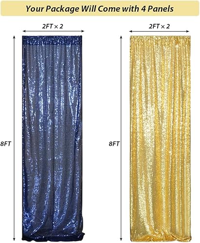 Miniatura 3 de 4 paneles de cortina de lentejuelas doradas y azules de 2 x 8 pies, cortinas de fondo de lentejuelas con purpurina para decoración de fiestas de