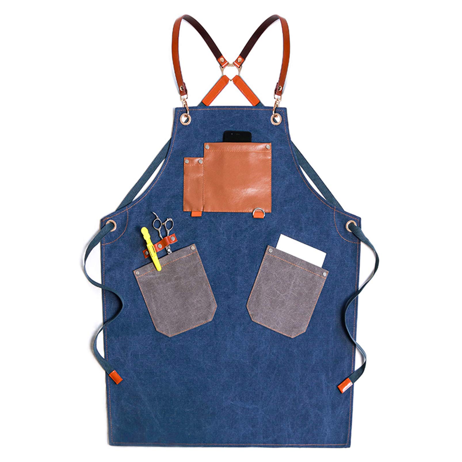 Delantal de chef, delantal de mezclilla con 4 bolsillos ajustables para hombres y mujeres, estilo lavado, multicolor