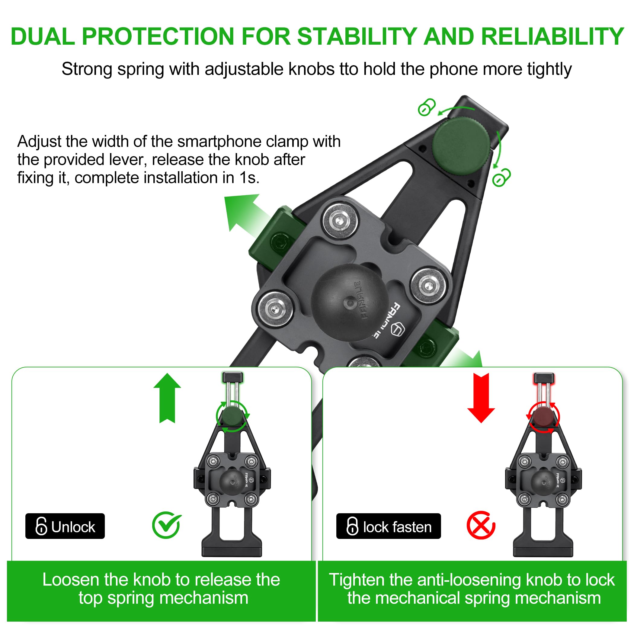 FANAUE CPC-05SA Anti-Vibration-Motorrad-Telefonhalterung mit 2,5 cm Kugelkopf für RAM-Halterungen, B-Größe, Doppelbuchsenarm und Fahrrad-Handyhalter für 5,5-7 Zoll Smartphone, Anti-Locker-Knopf,