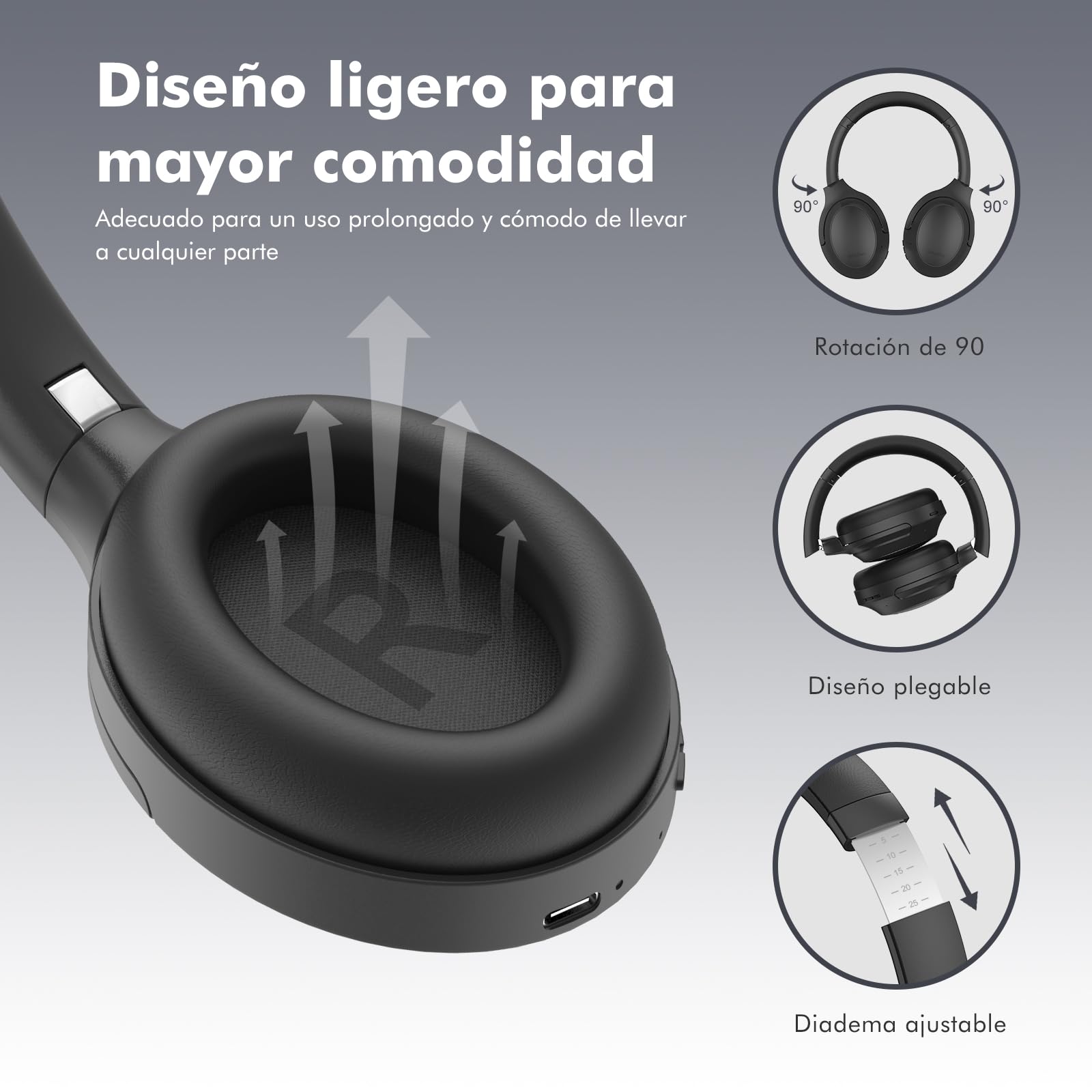 Srhythm NC45 Auriculares con cancelación Activa de Ruido, Auriculares inalámbricos Bluetooth sobre la Oreja con micrófono de Graves Profundos, Plegables y duraderos, Tiempo de reproducción de 40H