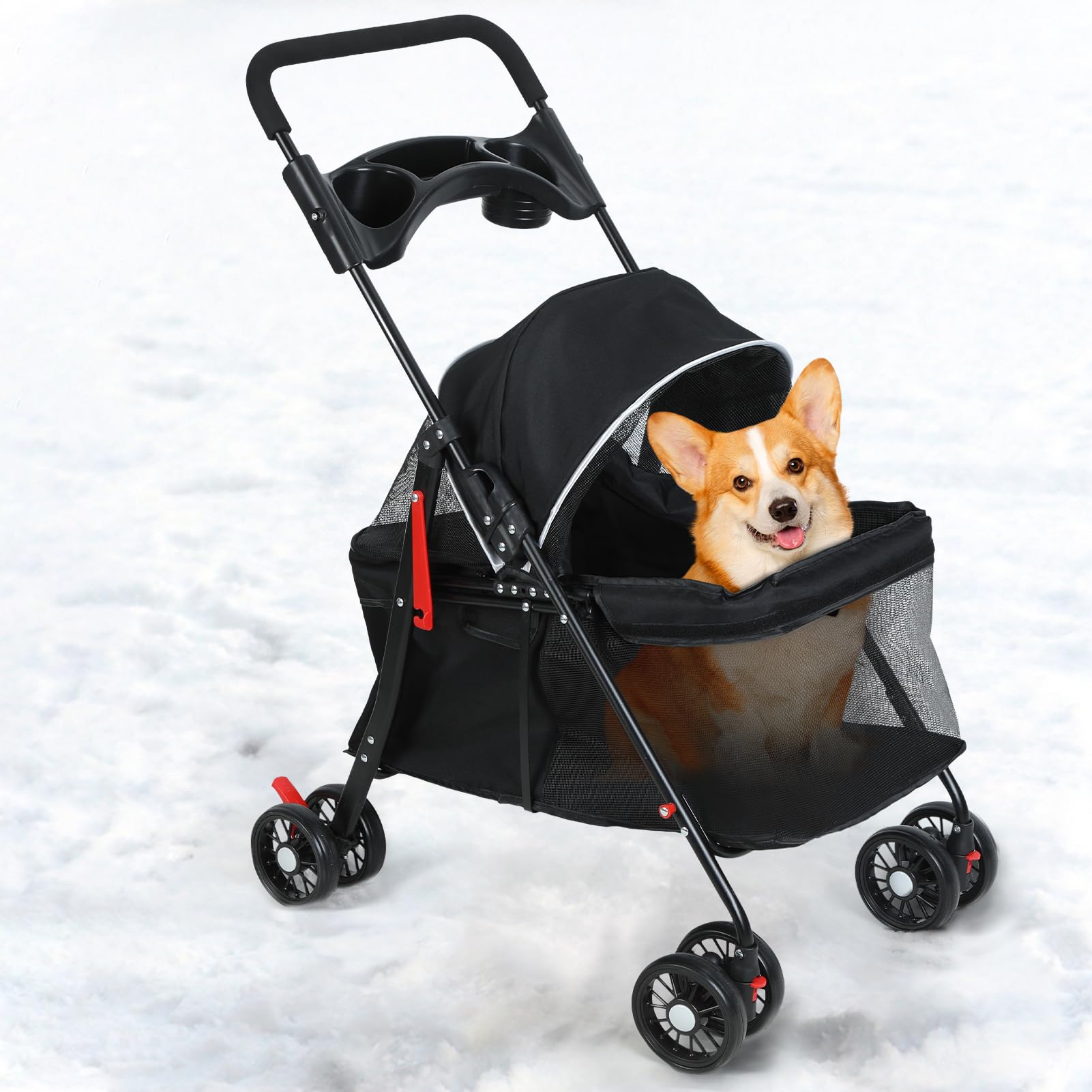 Hunde- und Katzenbuggy mit 4 Rädern, faltbarer Haustier-Reise-Kinderwagen mit Getränkehalter, tragbarer Hunde-/Katzenkäfig-Kinderwagen, kleiner Haustier-Kinderwagen mit atmungsaktivem Netz, leicht