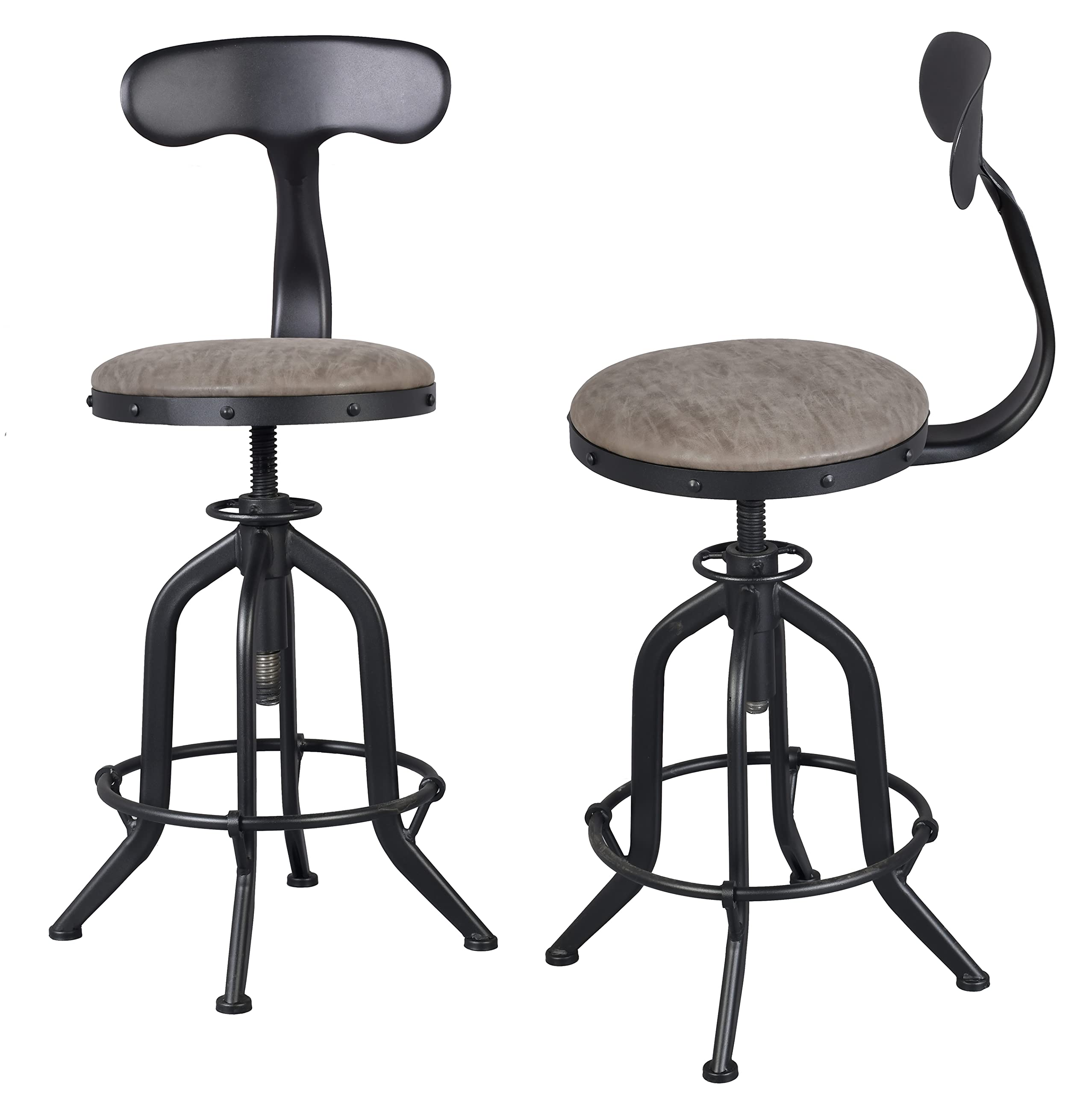 LOKKHAN 20.47-24.4 Inch Counter Height Stools with Iron Backs,Adjustable Bar Stools Black Metal Round PU Leather Seat,Rustic Industrial Kitchen Stools Farm Swivel Cafe Stool,Set of 2,Welded