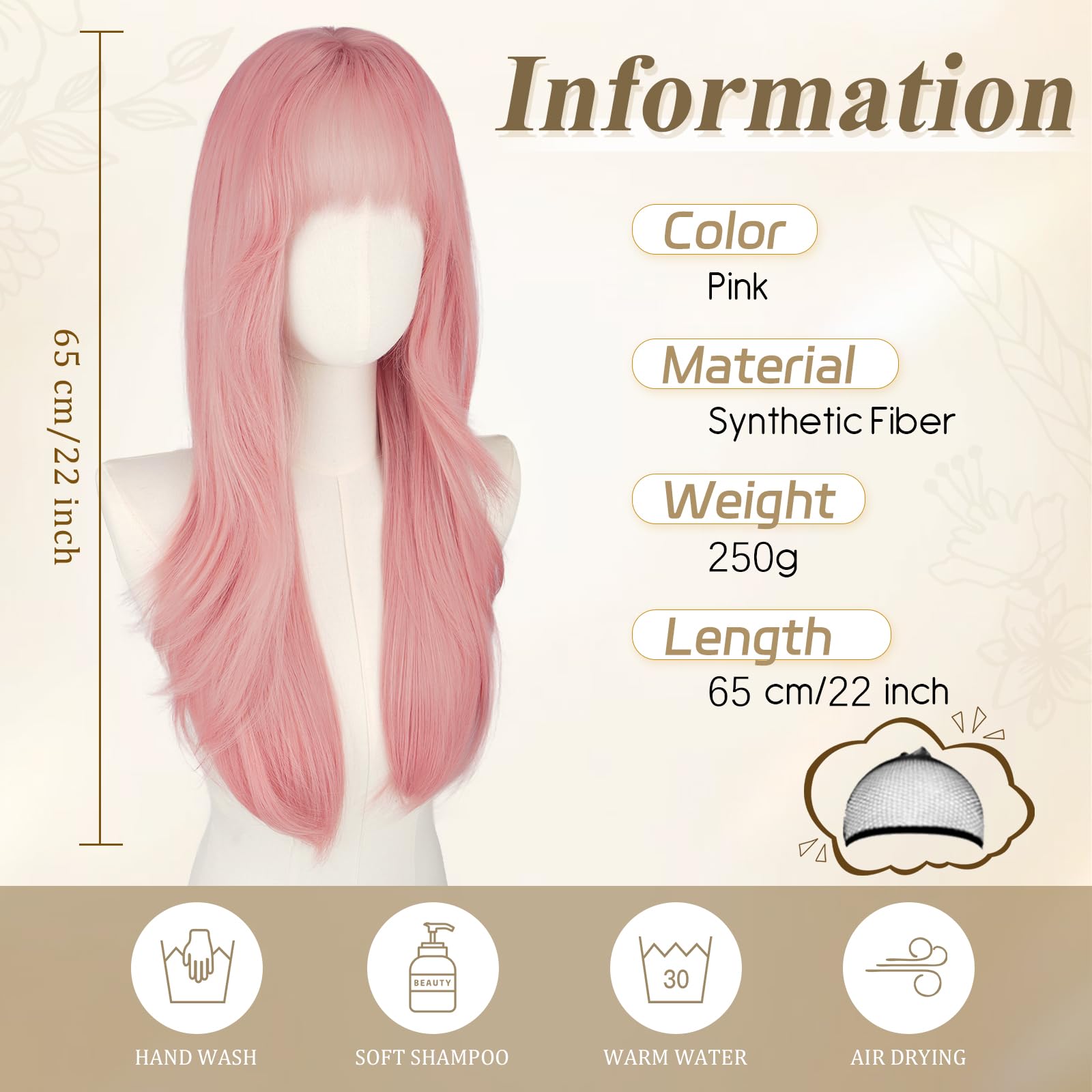 RUWISS Perruque pour Femmes Longue avec Frange, 65cm Naturelle Layered Perruques Raccord Visage Cheveux Synthétiques Naturels Résistantes pour Usage - Rose