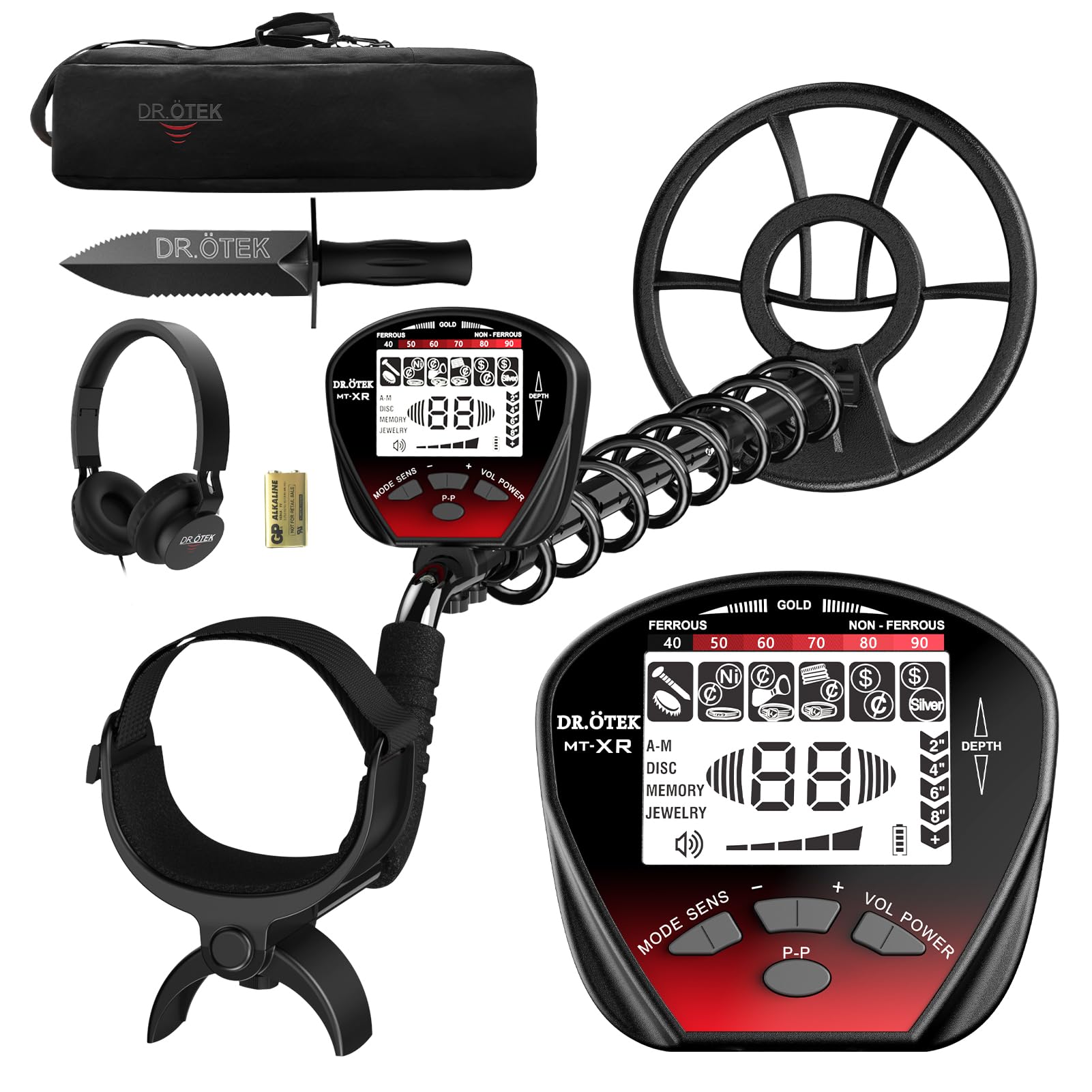 DR.ÖTEK Metal Detector for Adults Professional Gold Detector Kit with Higher Accuracy, Waterproof 10" IP68 Coil, Bigger LCD Display, 5 Modes, Advanced DSP Chip for Treasure Hunting, MTXR-Red