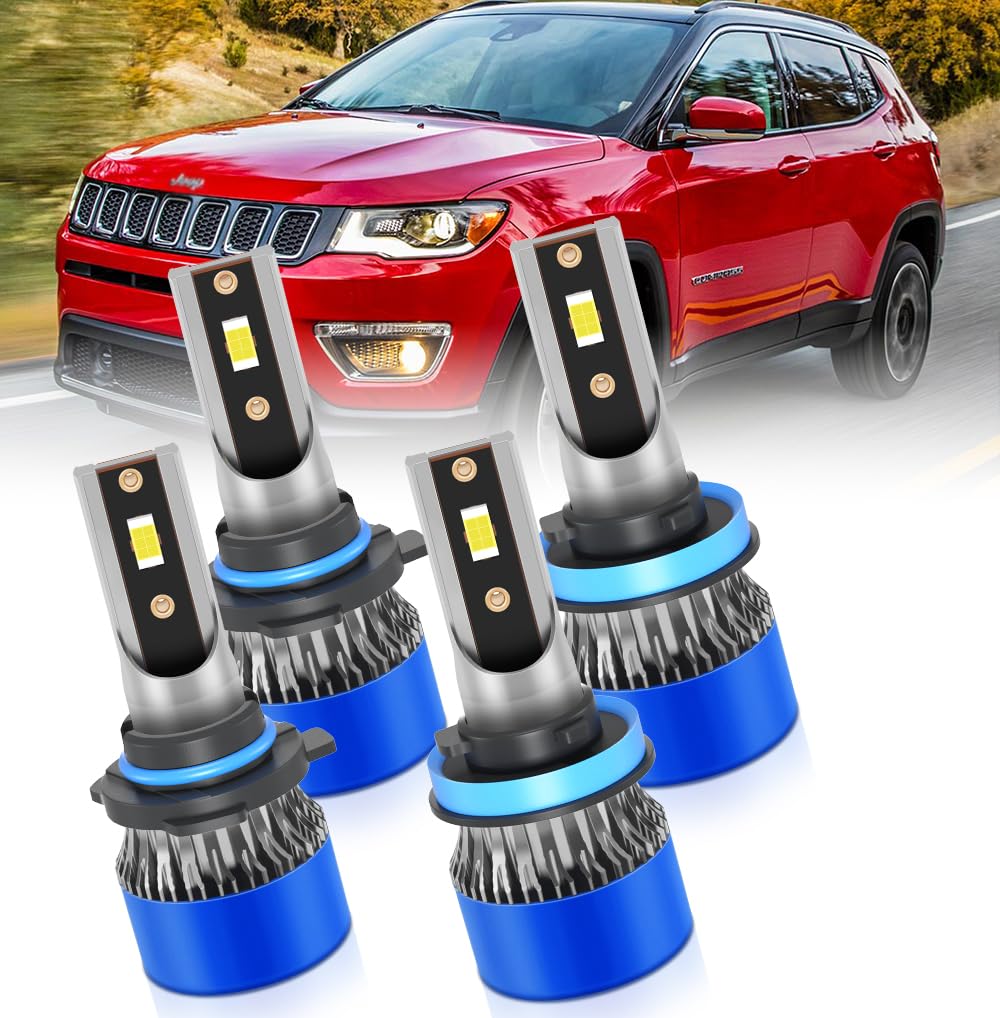 LED Headlight Bulbs Compatible with Jeep Compass 2011-2020, 9005 High Beam and H11 Low Beam, 6500K White, 600% Brightness, 4-Pack