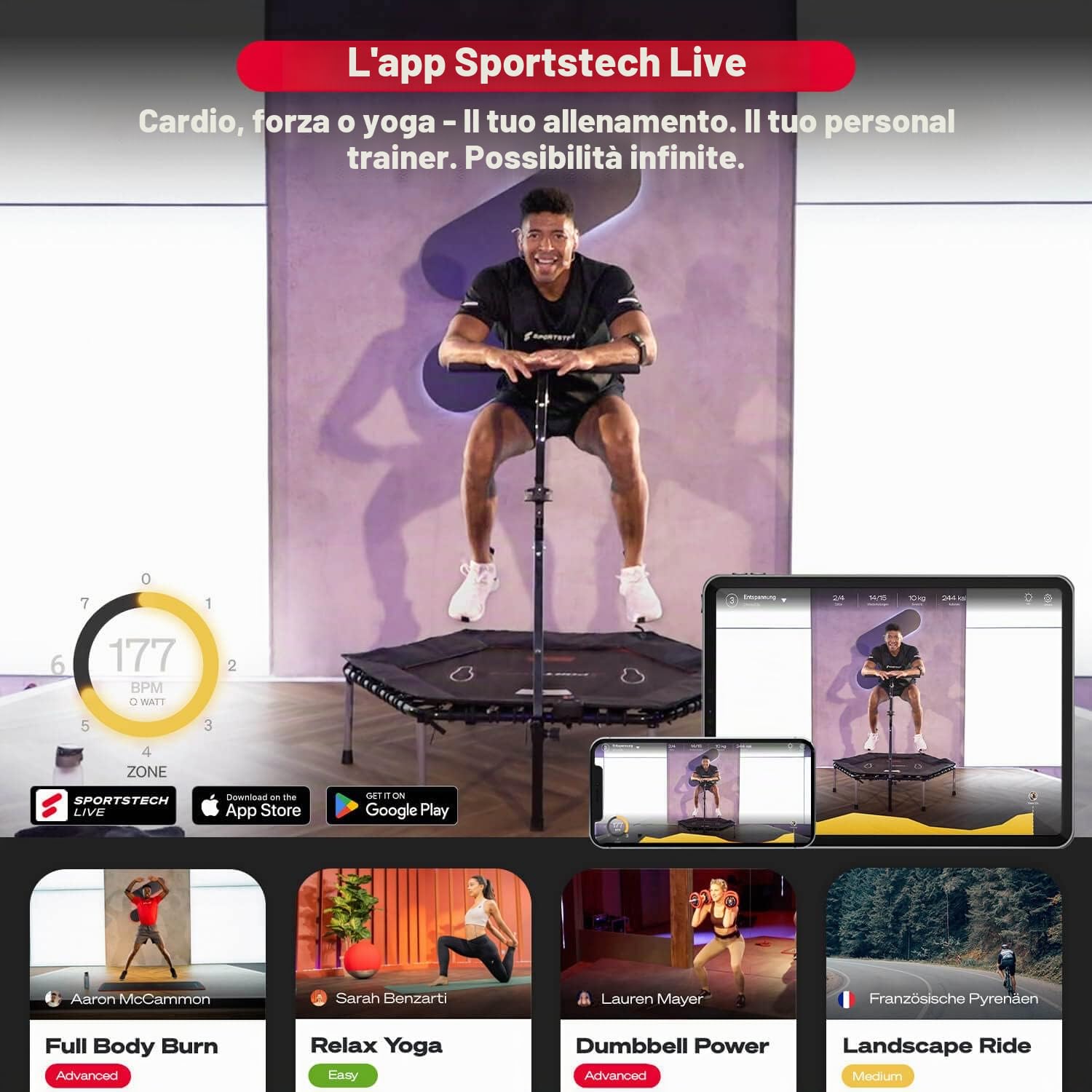 Sportstech HTX100 Trampolino pieghevole | Marchio di qualità tedesco | Trampolino fitness con maniglia | Jumping interno per bambini e adulti | TÜV/GS, contatore di salto, app | Supporto per cellulare