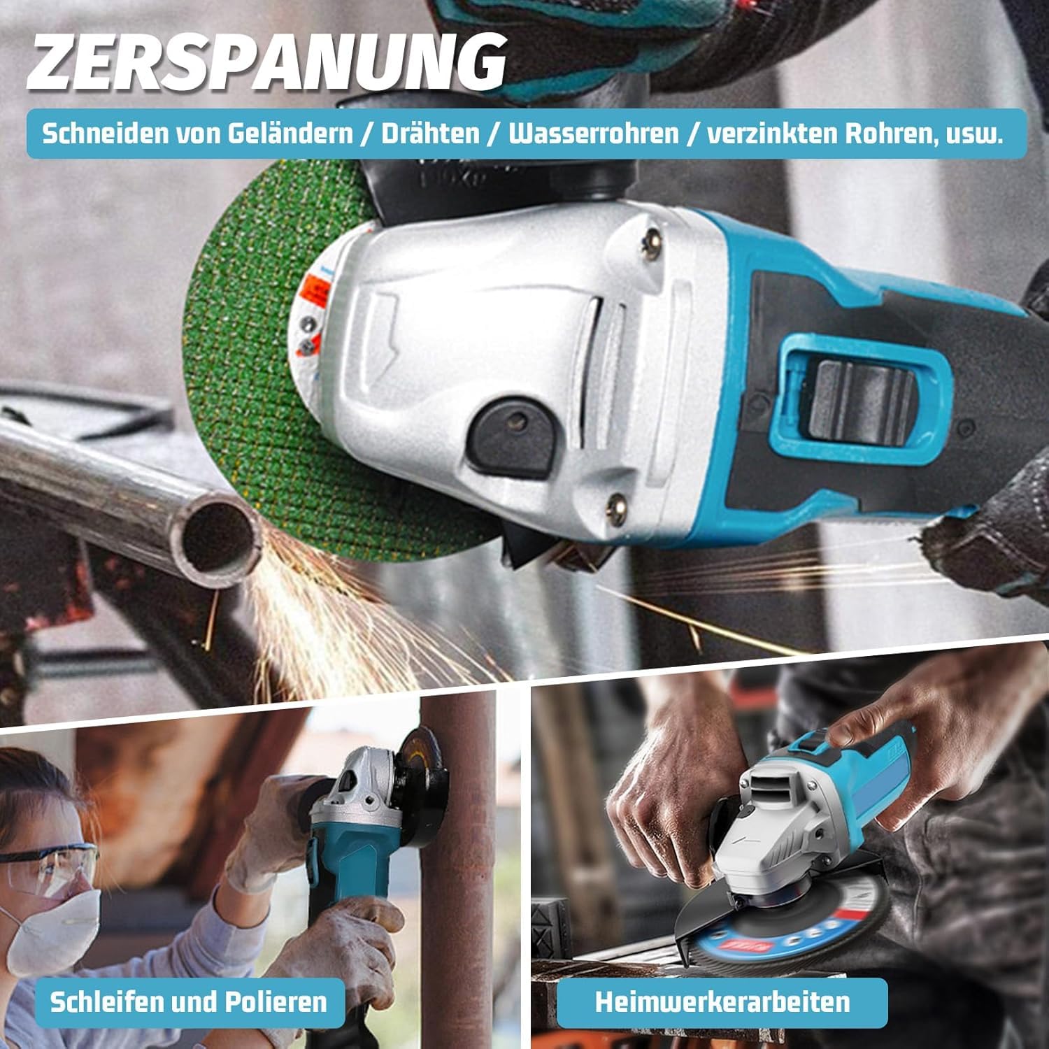 Akku Winkelschleifer Kabellos，Ersatz für Makita Akku 18V, mit 2× 5.5Ah Akkus & Ladegerät, Neues Upgrade Akku Flex Trennschleifer 125mm, 9000U/min, für Präzises Trennen und Schleifen（Blau）