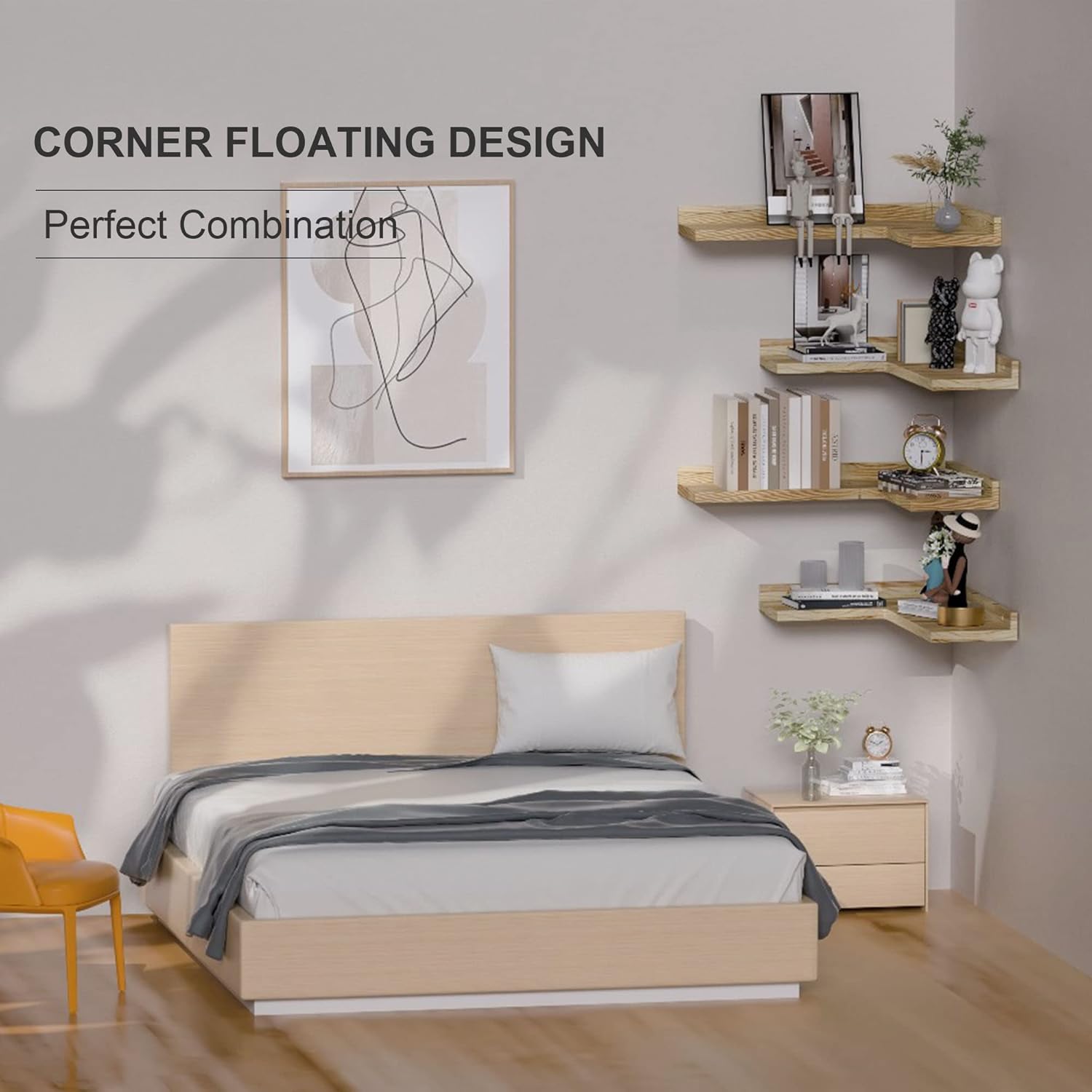 4 Tier Corner Floating Shelves Set of 4, Rustic Pine Wood Corner Shelves for Wall Storage and Decor, L-Shaped Corner Wall Mounted Shelf for Bedroom, Living Room, Bathroom, Kitchen - Carbonized Black