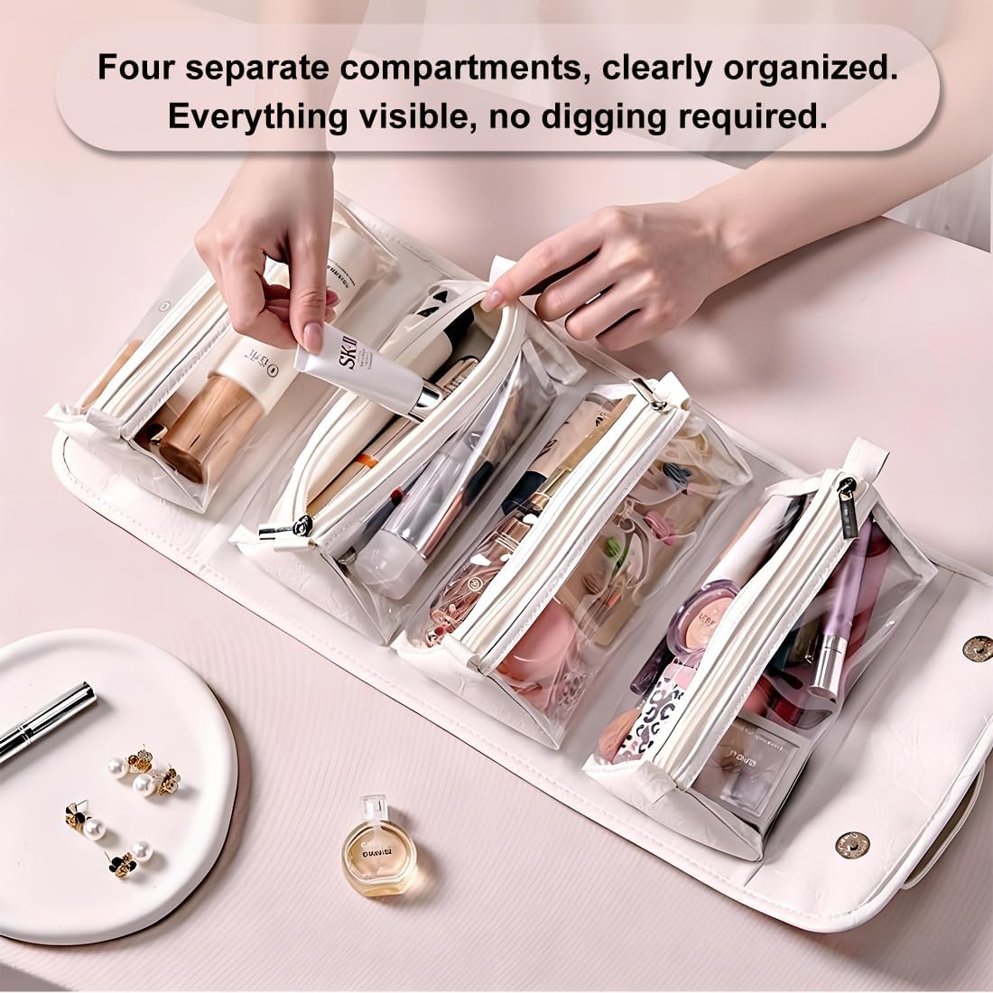 4-in-1 Detachable Cosmetic Bag Set, Roll-Up Travel Makeup Organizer with Removable Pouches, Large Capacity Waterproof Toiletry Bag with Hanging Hook, Versatile Storage for Toiletries and Accessories