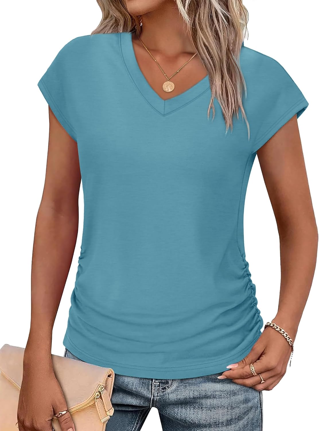 WIHOLL Womens Summer Tops Dressy Casual Cap Sleeve T Shirts for Women V Neck Ruched Tops Basic Tank Fashion Trendy