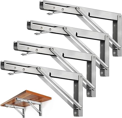 Miniatura 23 de Storystore Soportes plegables para estantes, soporte plegable de acero inoxidable resistente de 10 pulgadas para mesa de banco, soporte de bricolaje