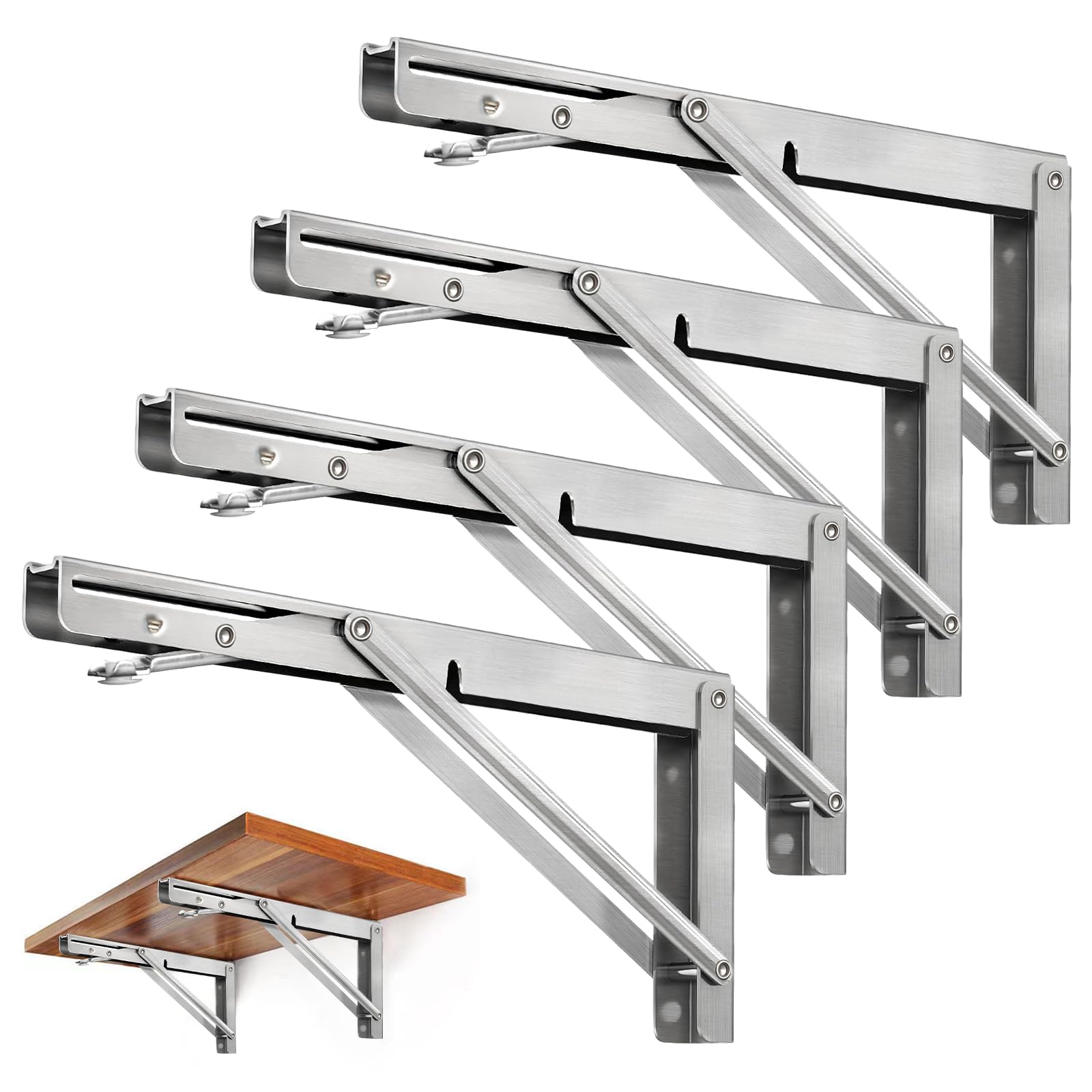 Storystore Folding Shelf Brackets - 8 Inch Heavy Duty Stainless Steel Collapsible Shelf Bracket for Bench Table, Space Saving DIY Bracket, Max Load: 550lb (4 PCS)