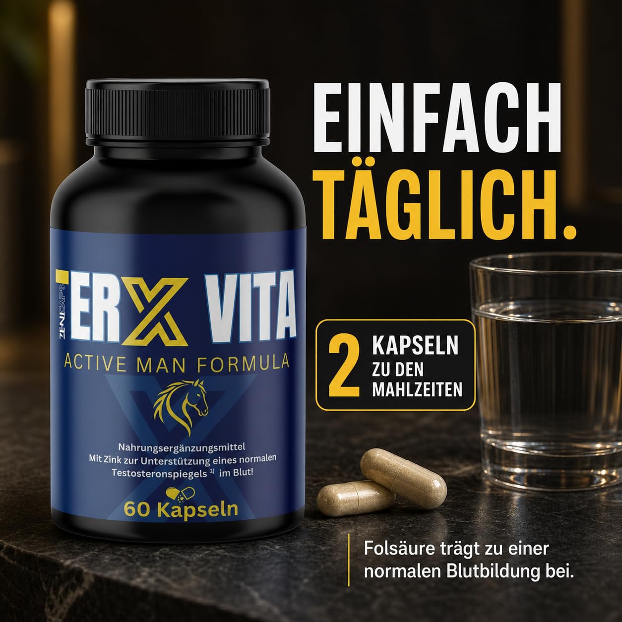 ERX VITA Active Man Formula – 60 Kapseln – Männer Nahrungsergänzung mit L-Arginin, Maca, Tribulus, Zink & Folsäure – Zink für normalen Testosteronspiegel – 2 Kapseln täglich