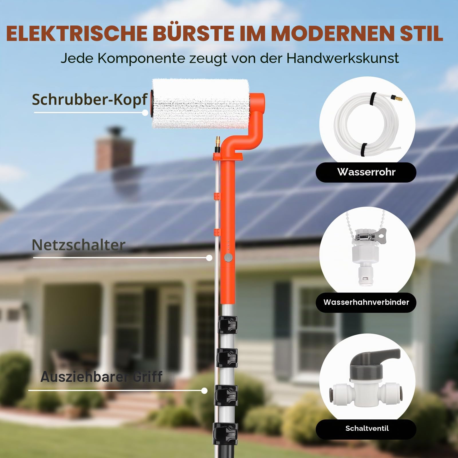 Elektrische Teleskop Waschbürste 6,5m Waschbürste mit Teleskopstiel Teleskopstange mit 11m Wasserrohr Fensterreinigung PV Reinigungsbürste Teleskop Set Wasserbesen für Terrassenüberdachung