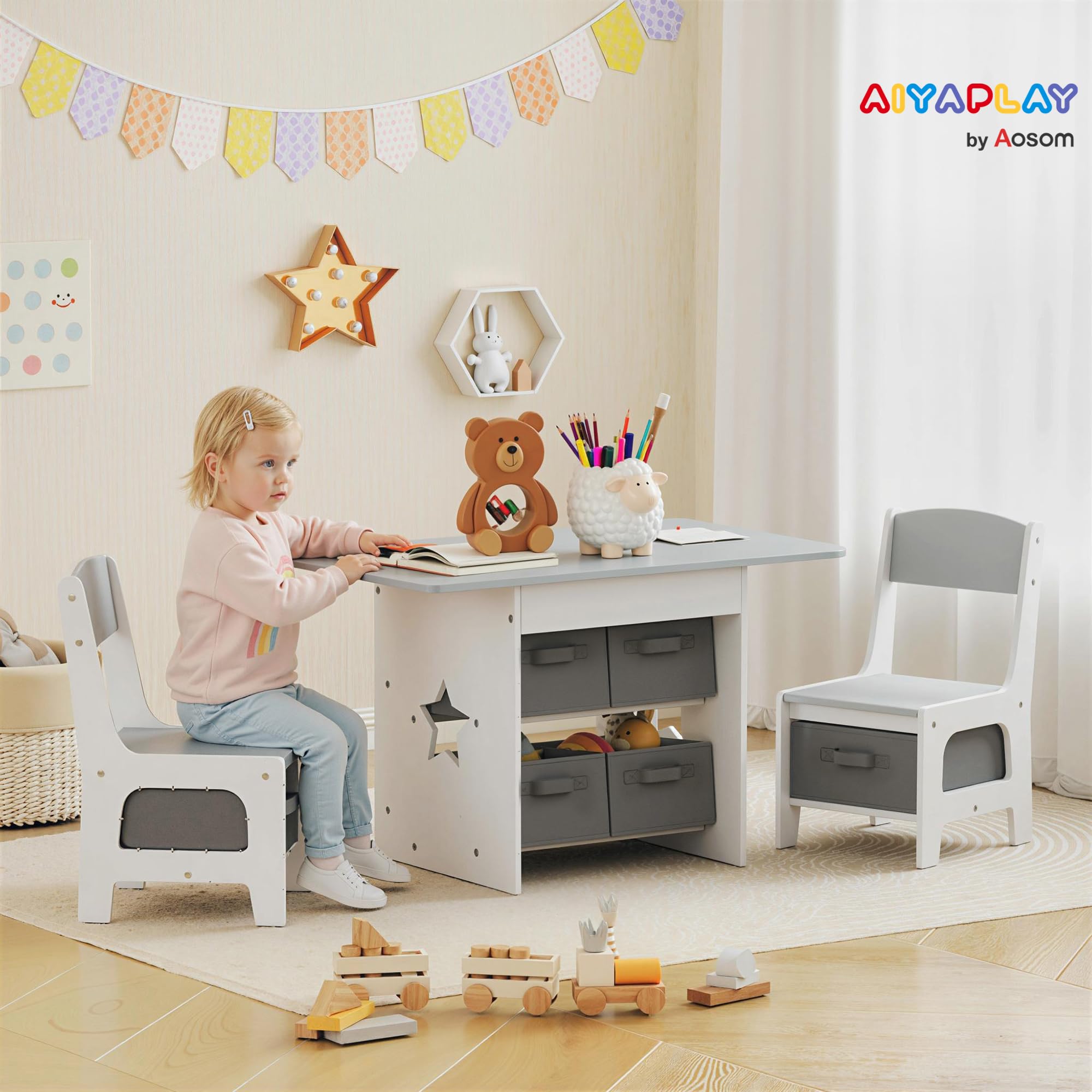 AIYAPLAY Table Enfant avec Chaise, Ensemble Table et 2 chaises Enfant pour Dessiner, Jouer, étudier avec 6 tiroirs Amovibles, pour Fille garçon 3-8 Ans, Gris Clair