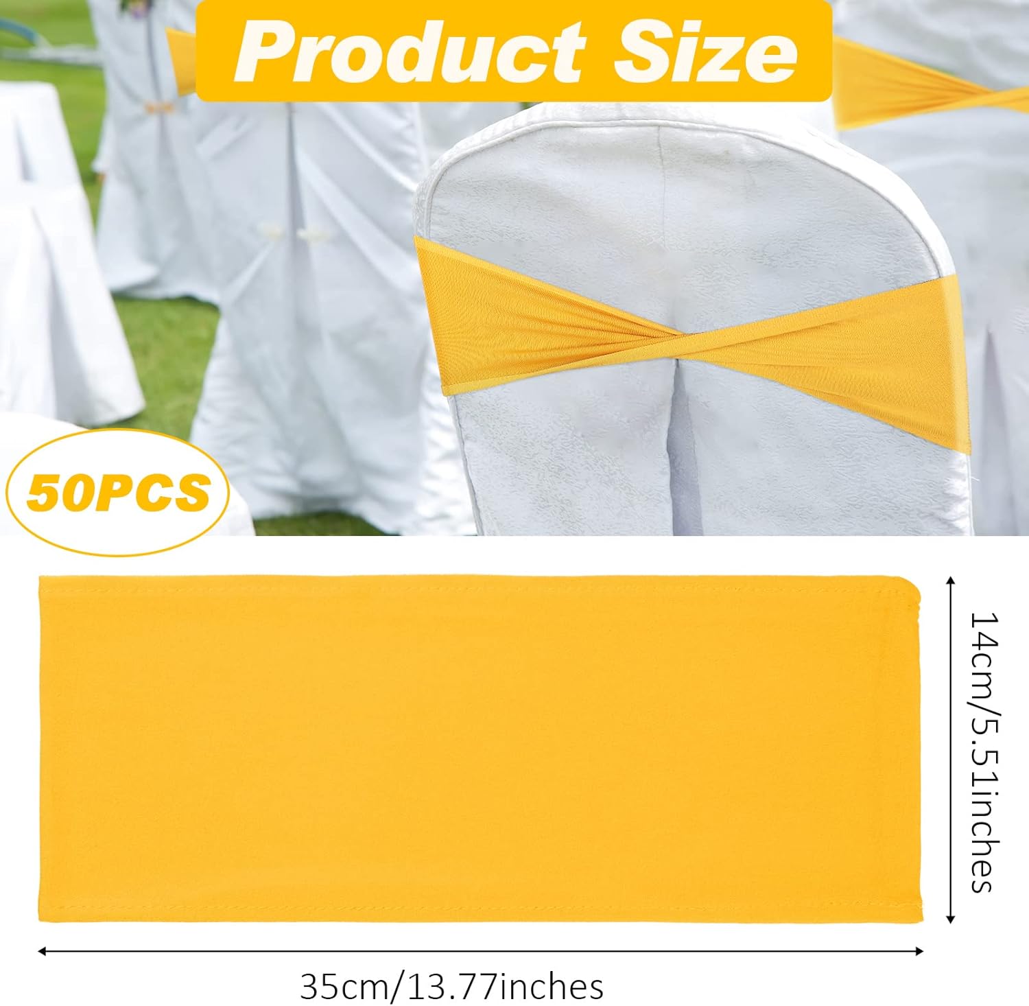 Breling 50 Pcs Spandex Chair Sashes Without Buckle Baby Shower Plain Bow Light Sash Stretch Bow Chair Elastic Bands Ties for Wedding Banquet Hotel Party Events Decoration(Gold)